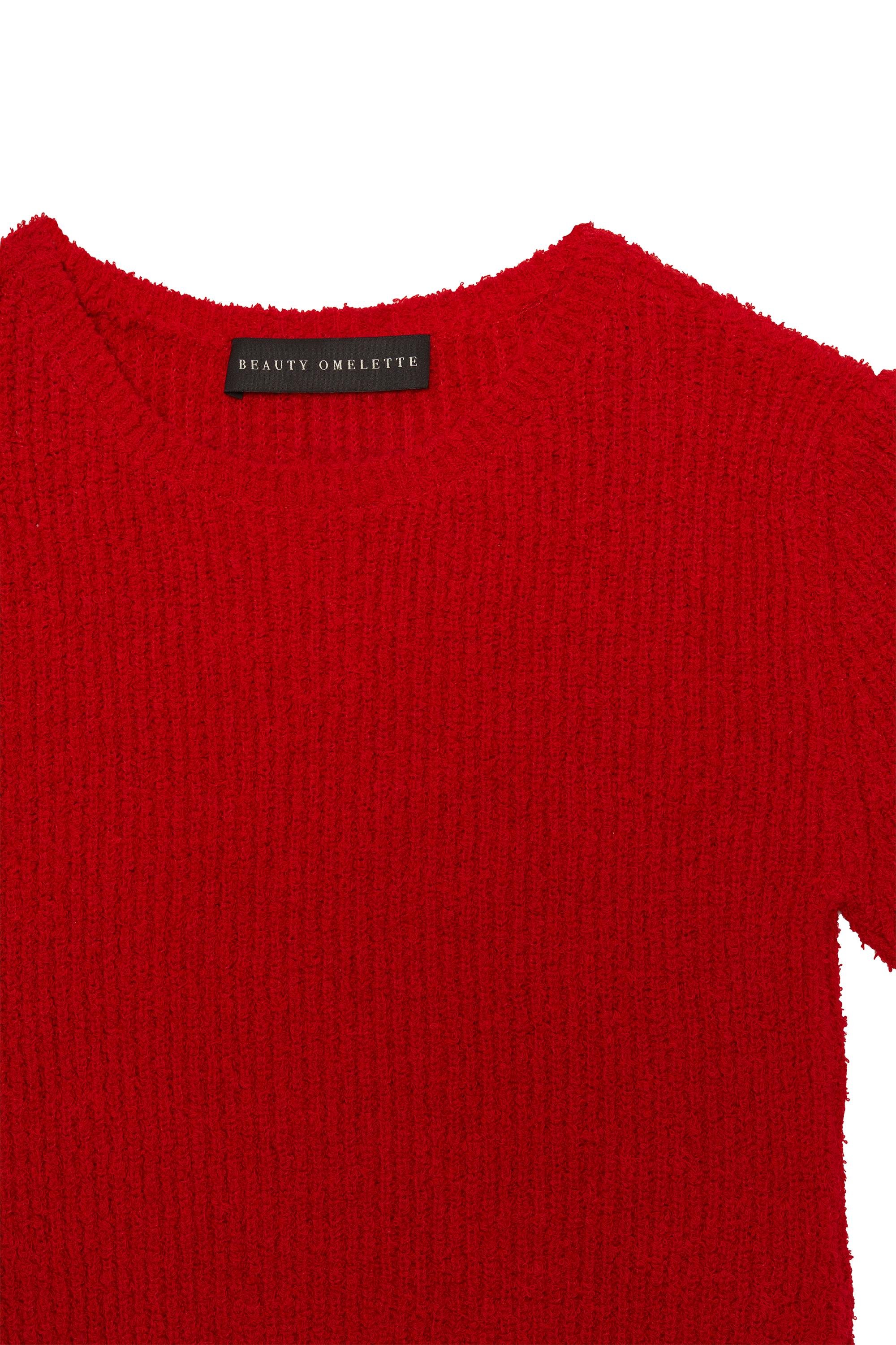 Kırmızı Buklet Kısa Kol Kazak