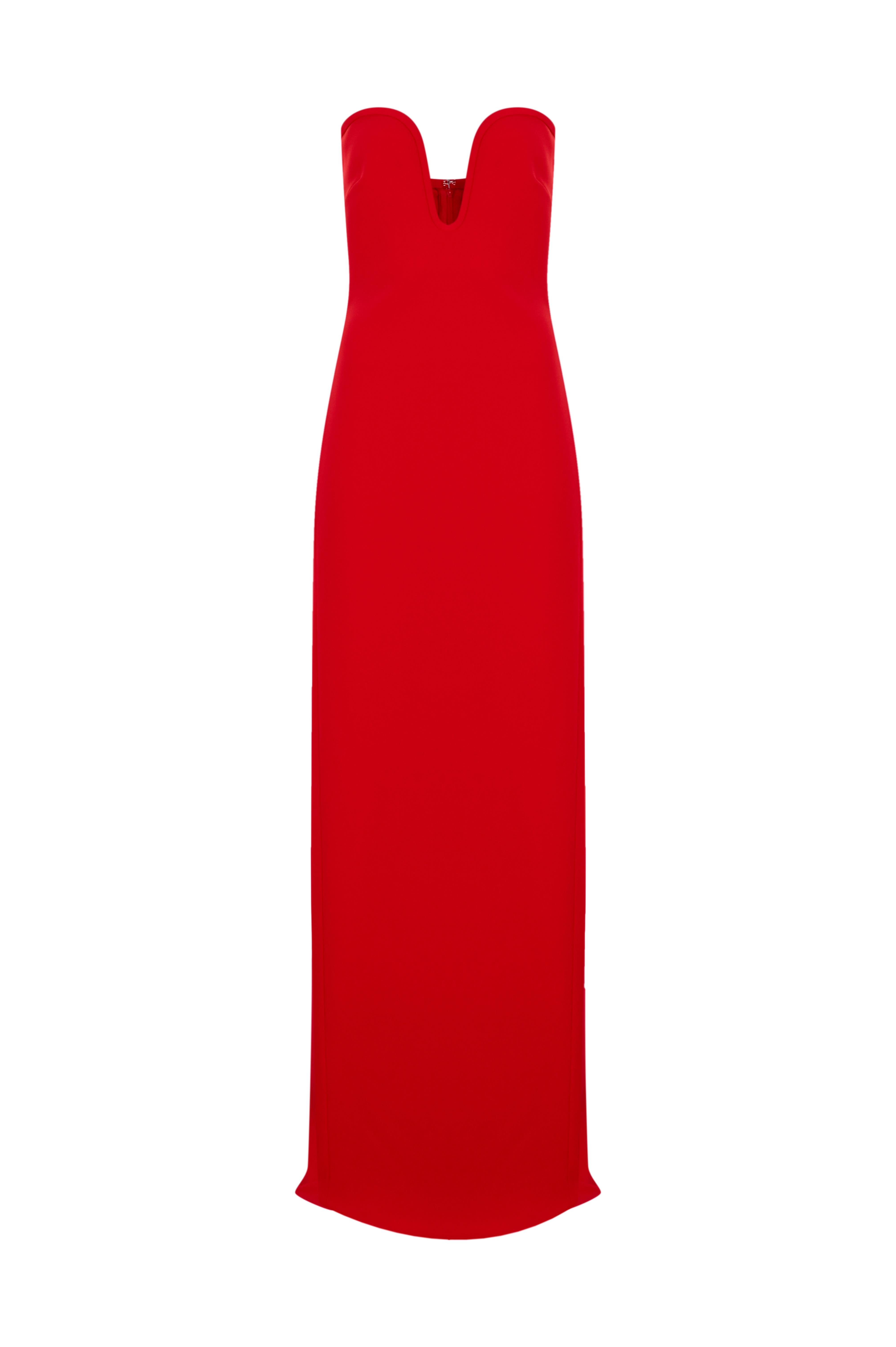 Kırmızı Derin Kalp Yaka Straplez Uzun Krep Elbise