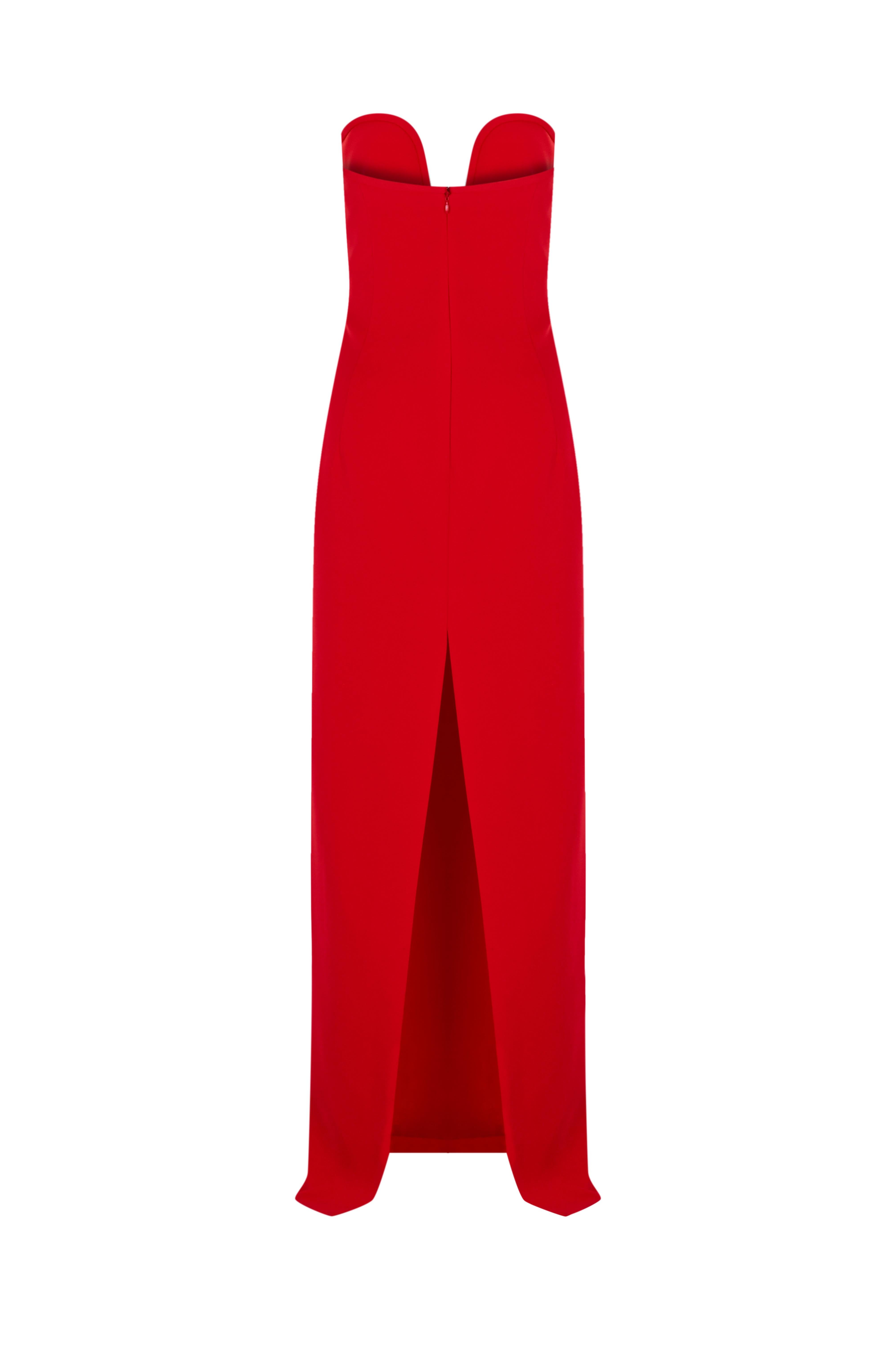 Kırmızı Derin Kalp Yaka Straplez Uzun Krep Elbise