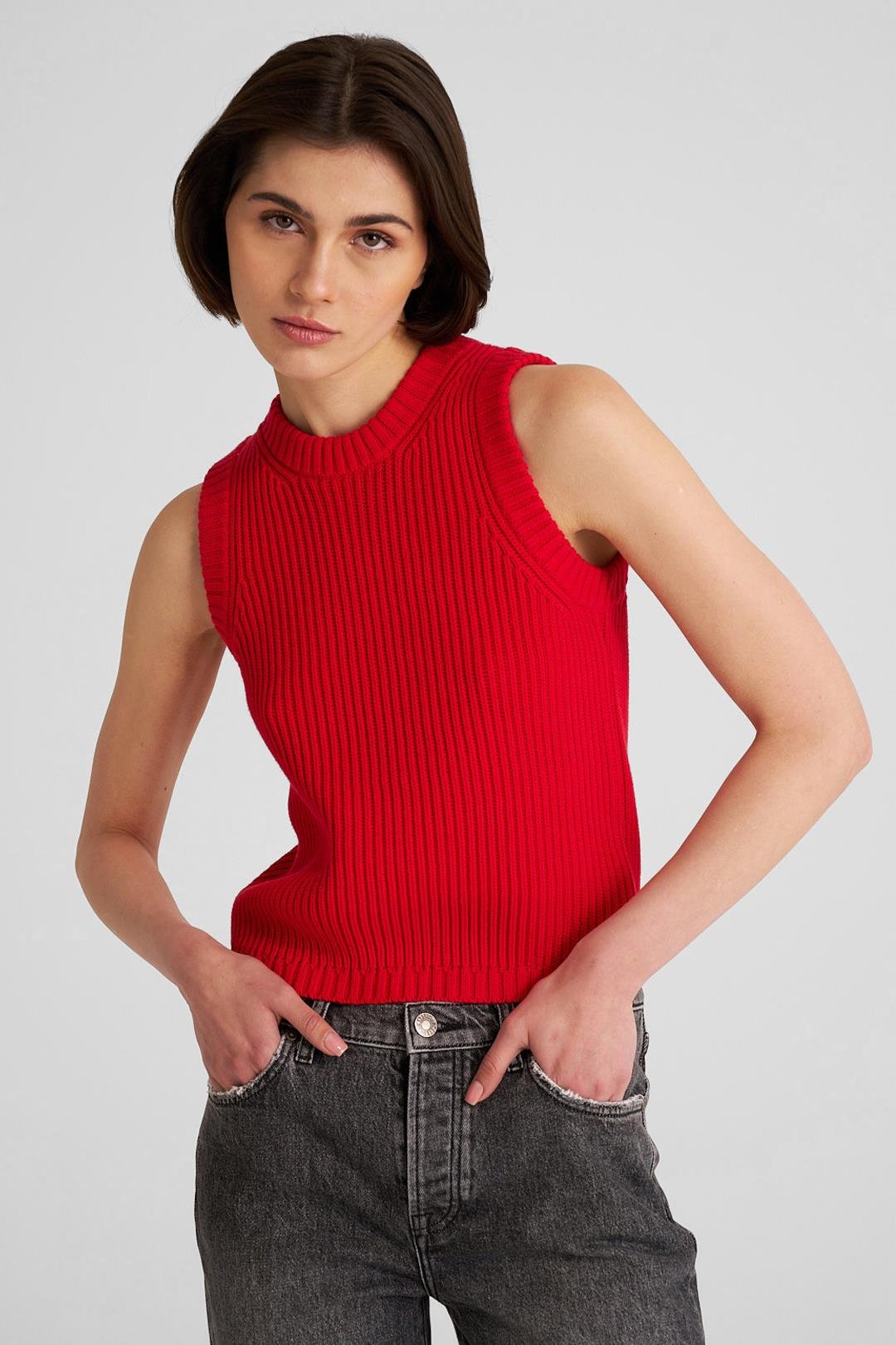 Kırmızı Merserize Bisiklet Yaka Süveter