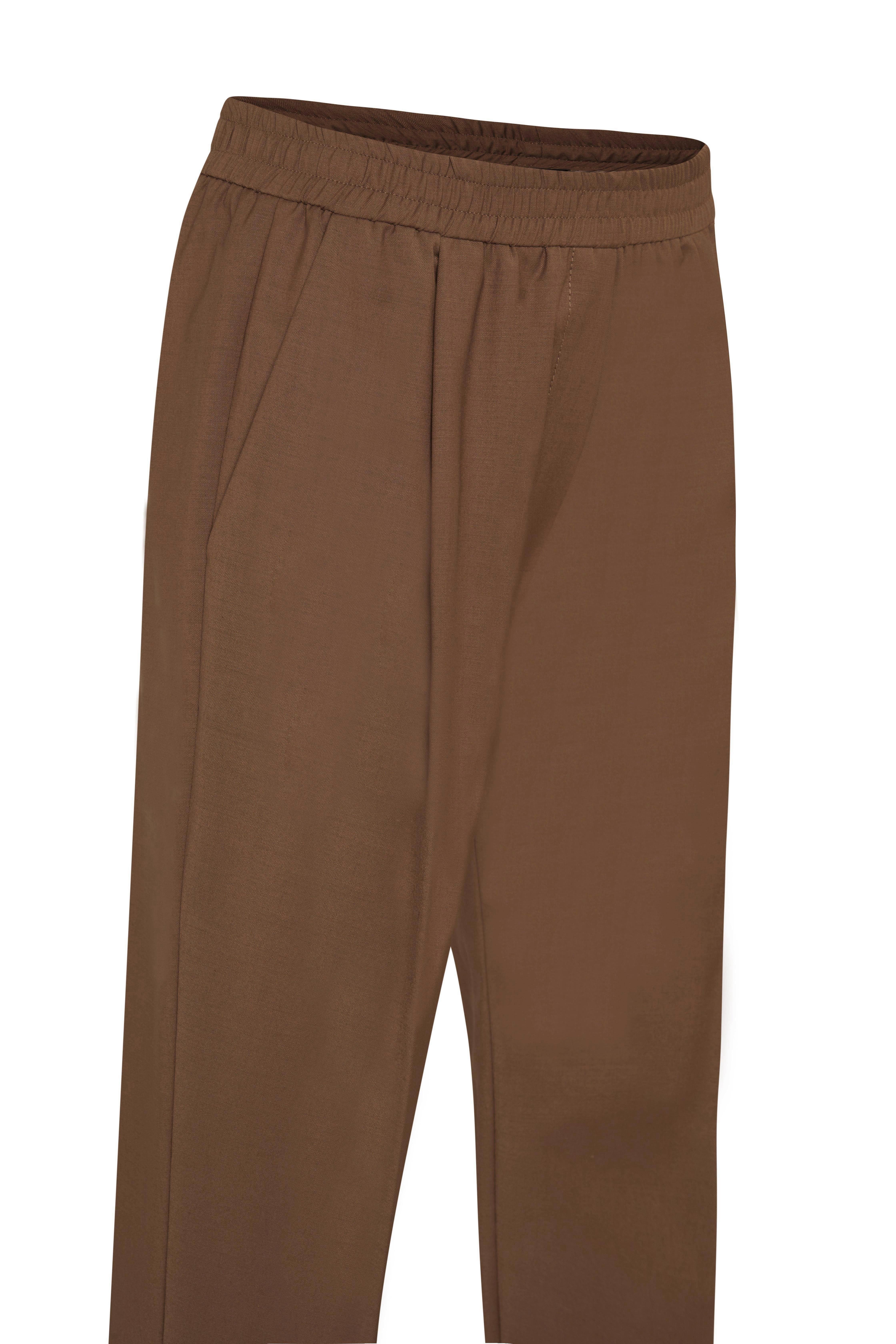 Koyu Camel Beli Lastikli Yünlü Duble Paça Pantolon