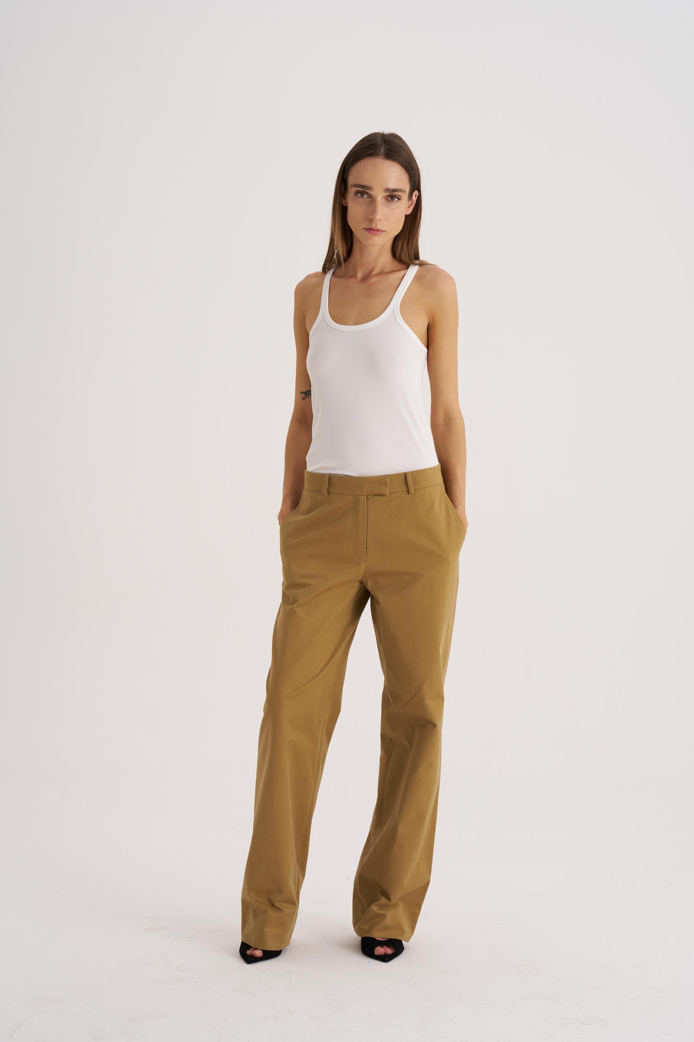 Koyu Camel Düz Kesim Gabardin Pantolon