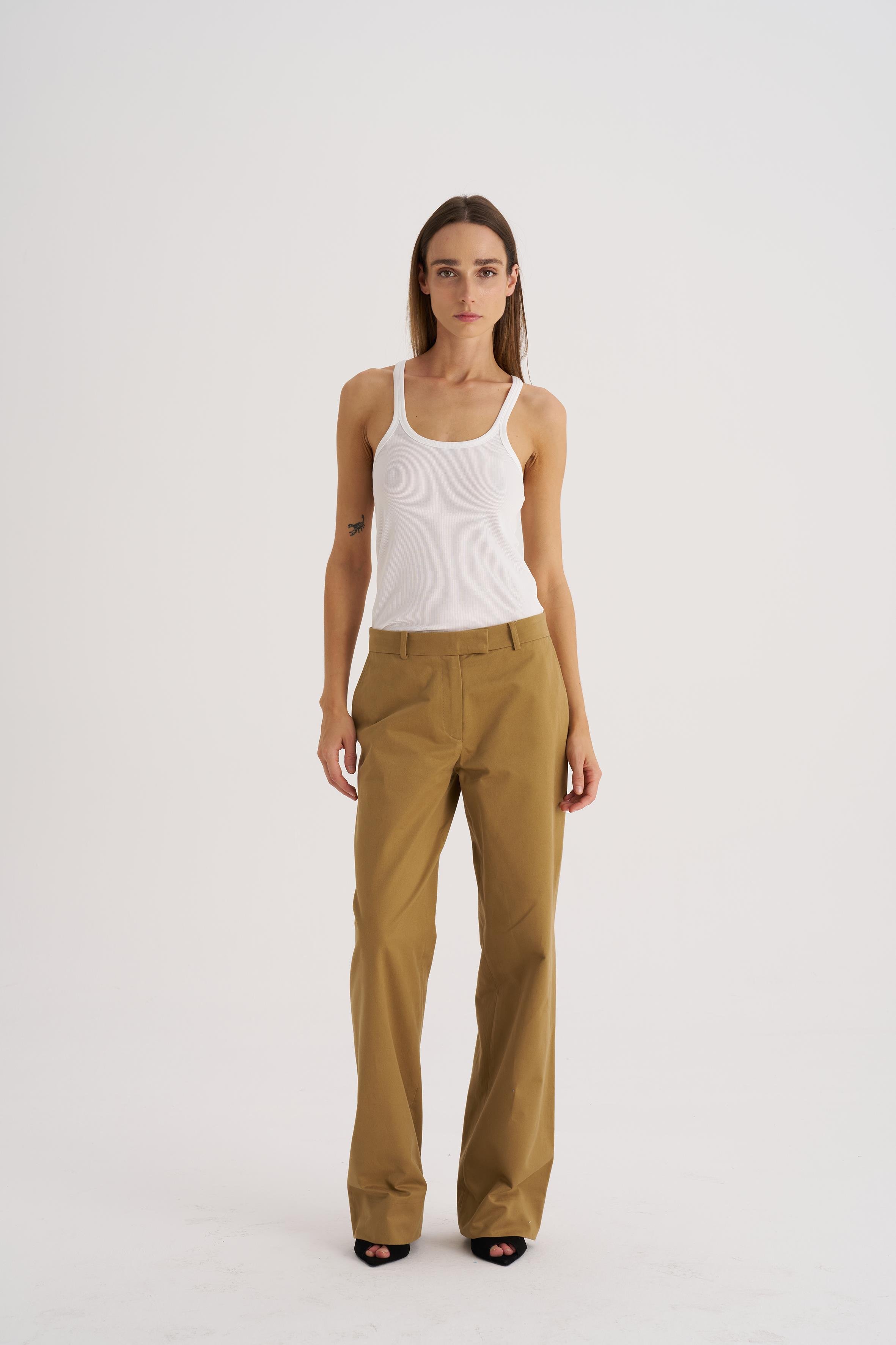 Koyu Camel Düz Kesim Gabardin Pantolon