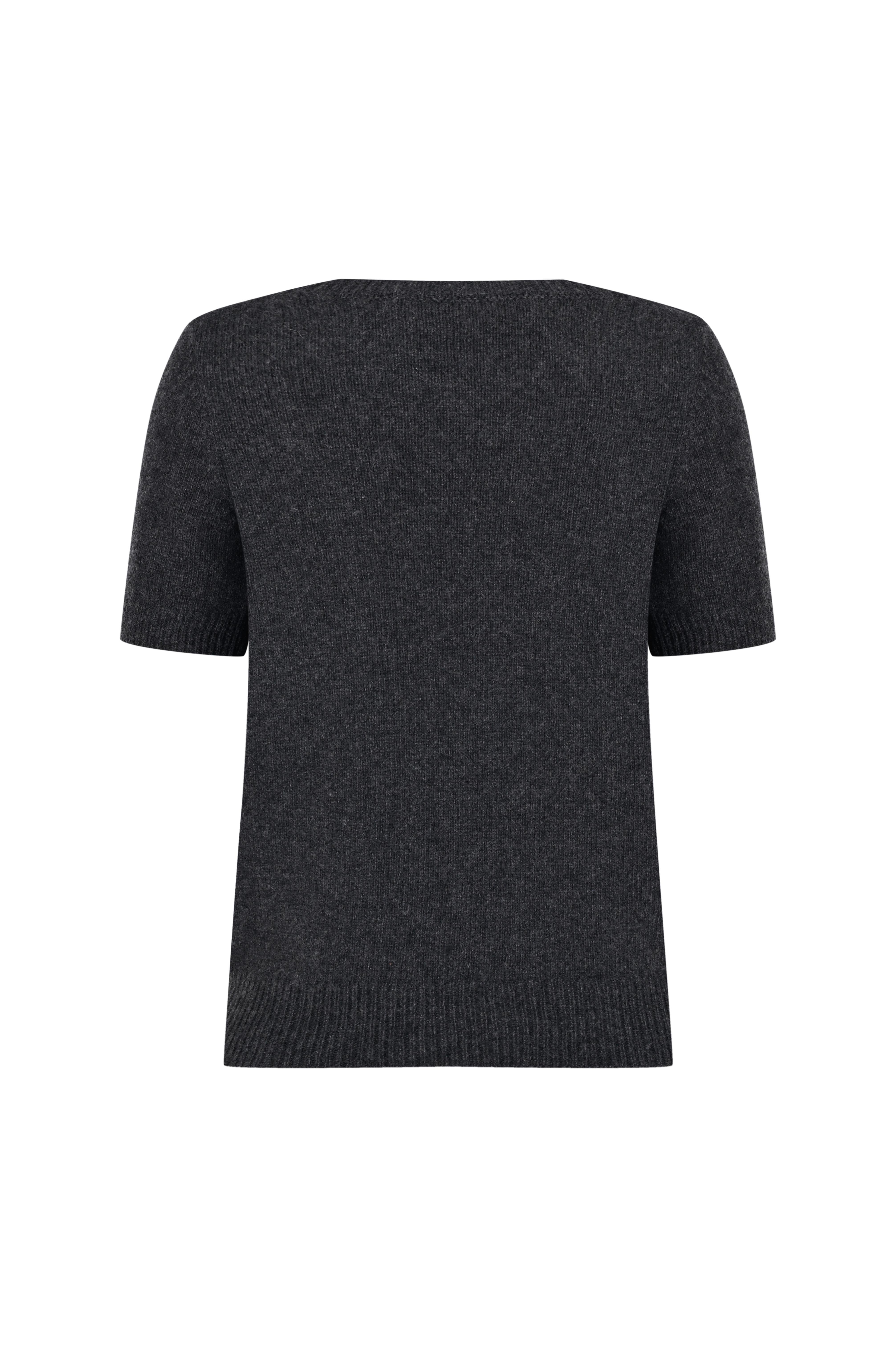 Koyu Gri Melanj %100 Kaşmir Kısa Kol Kazak