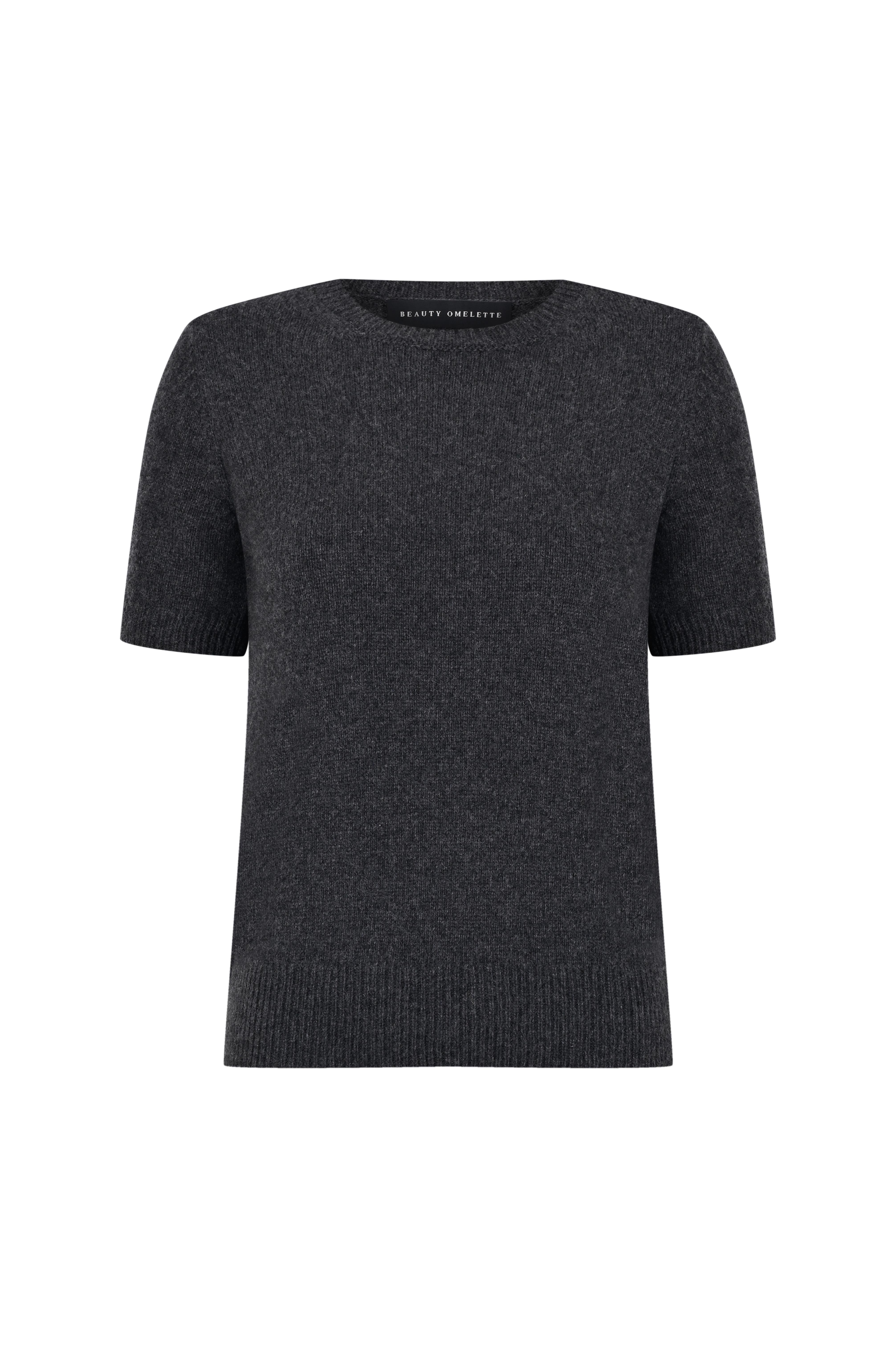 Koyu Gri Melanj %100 Kaşmir Kısa Kol Kazak