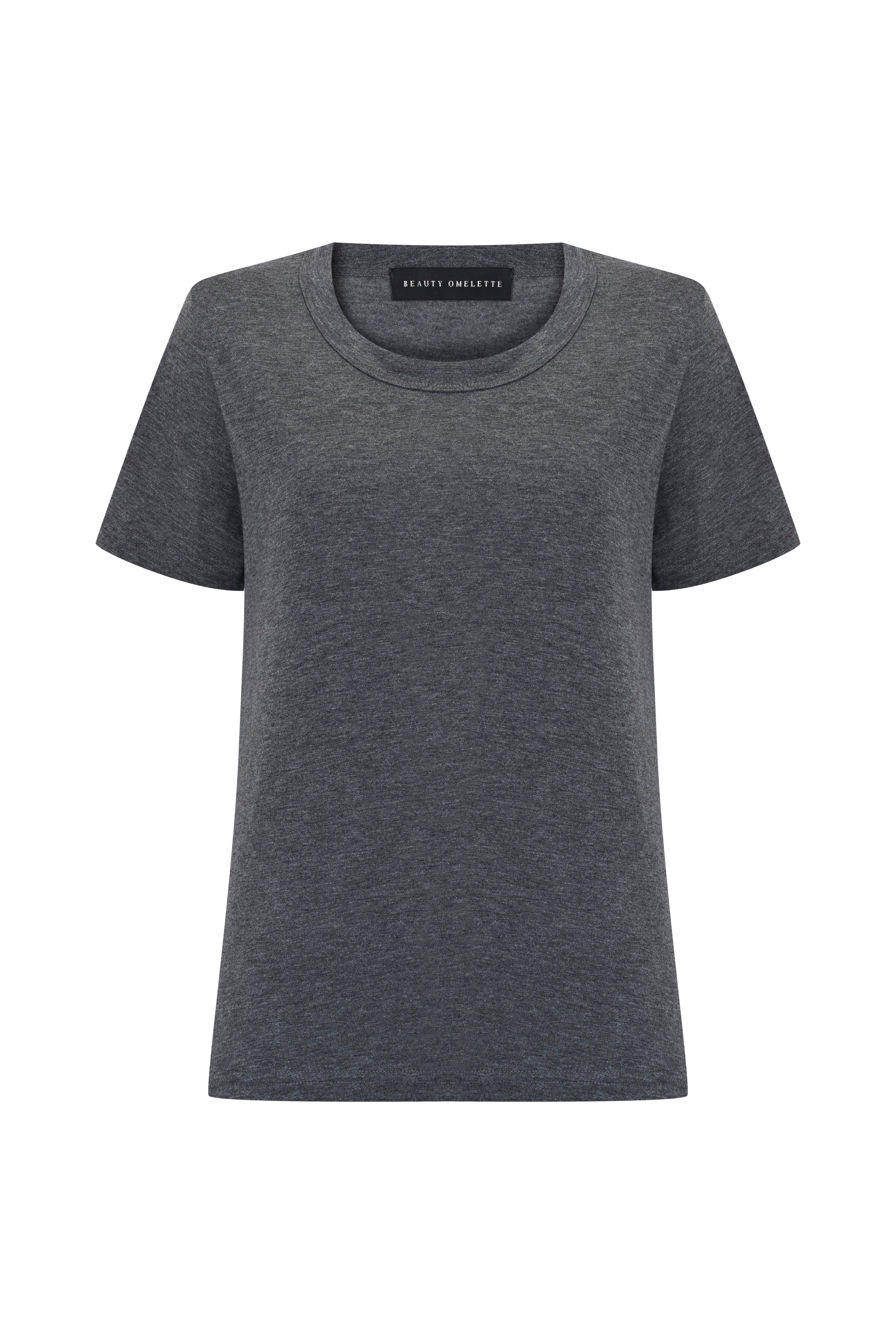 Koyu Gri Melanj Bisiklet Yaka Flamlı Kısa Kol Tshirt