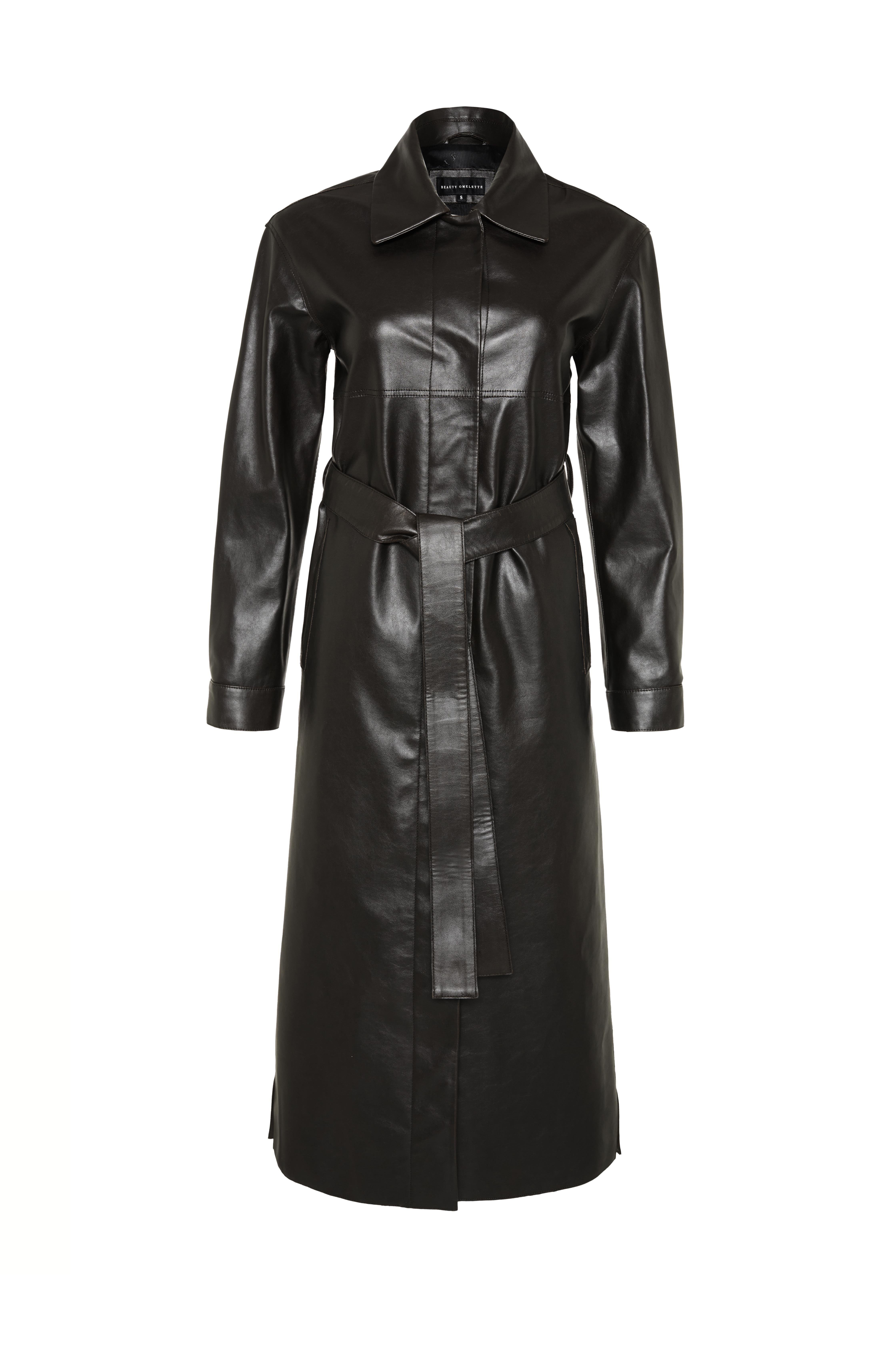 Koyu Kahverengi Deri Görünümlü Oversize Trenchcoat - Exclusive Collection