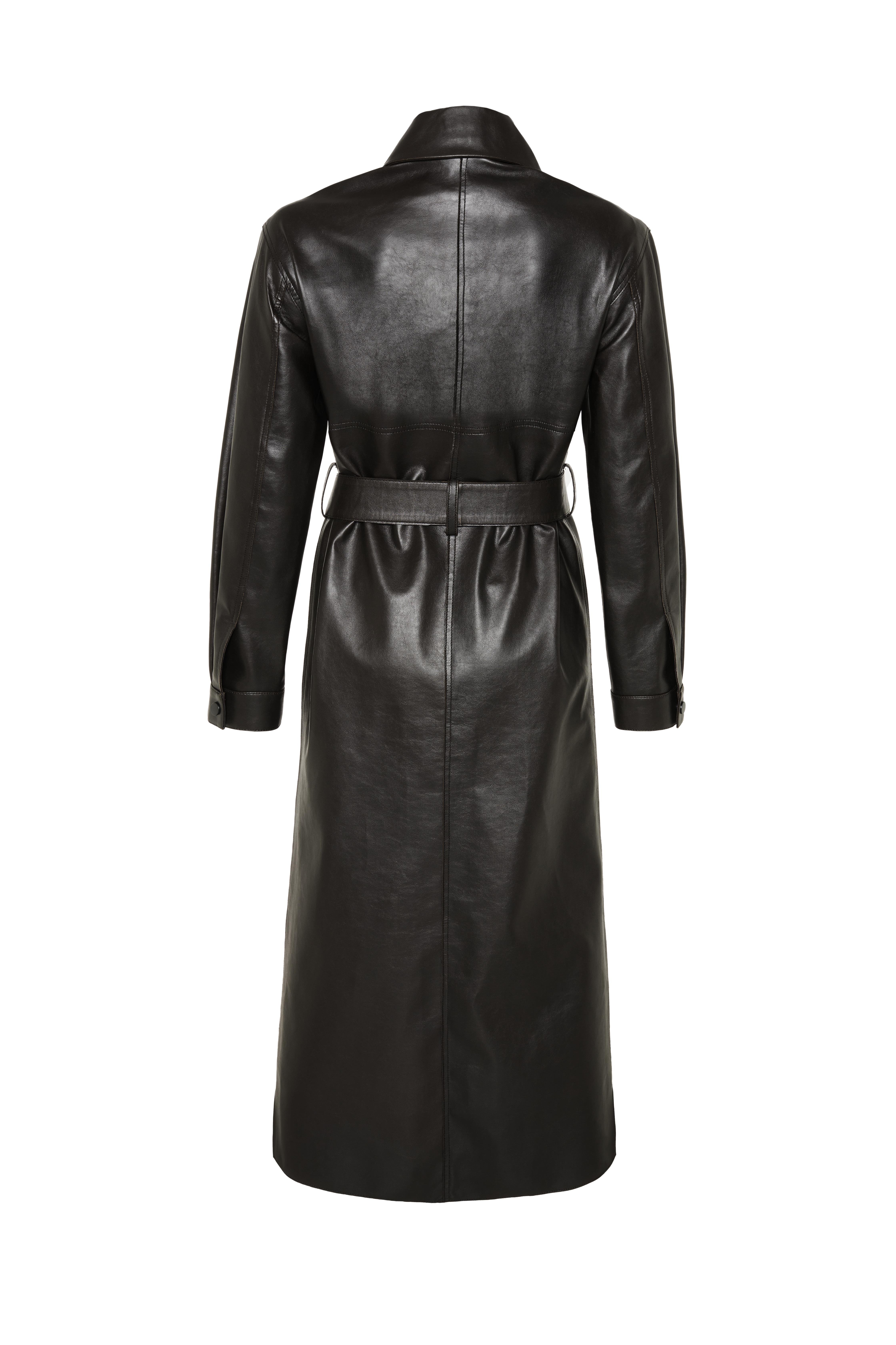 Koyu Kahverengi Deri Görünümlü Oversize Trenchcoat - Exclusive Collection
