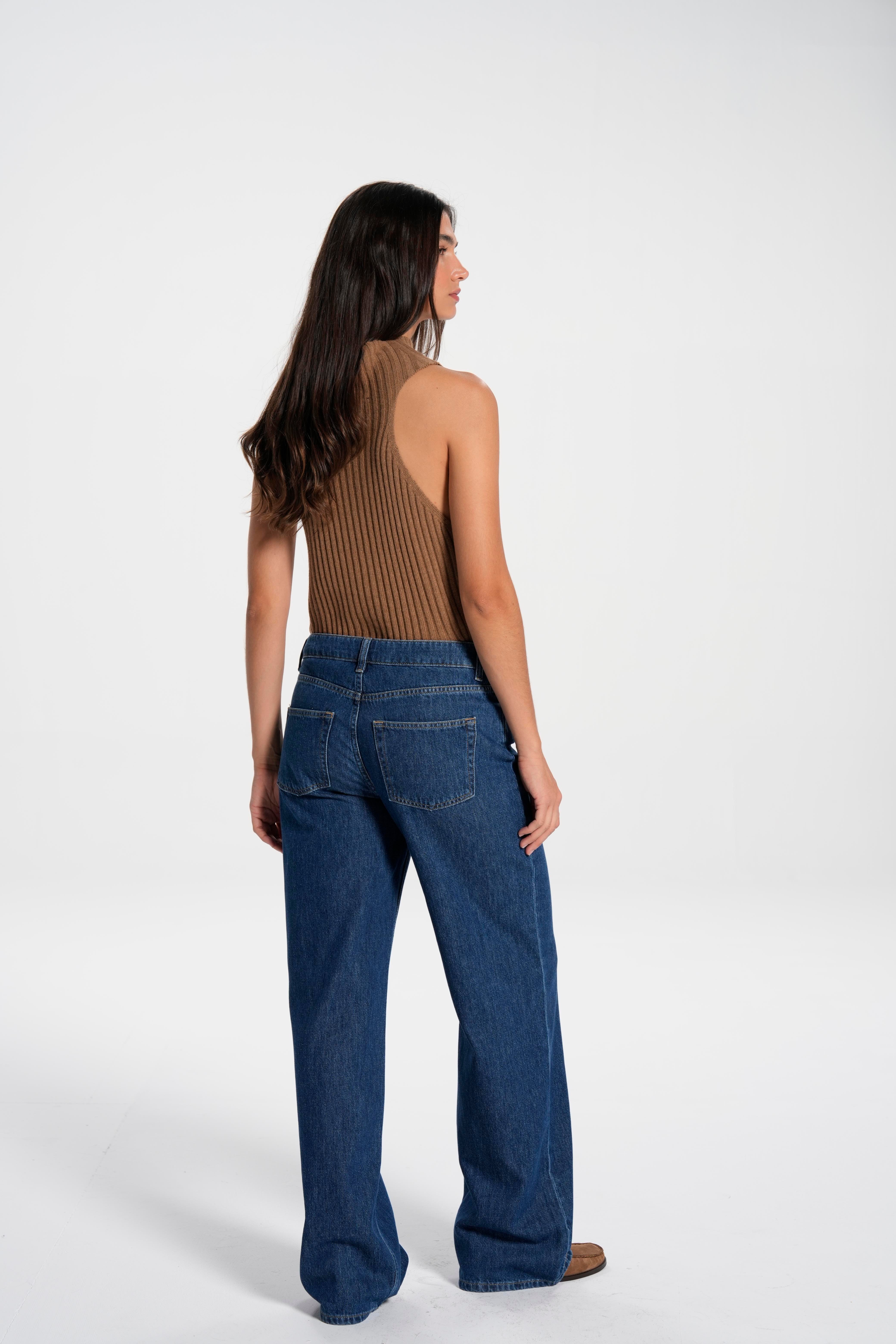 Koyu Mavi Mid Waist Wide Leg Jean