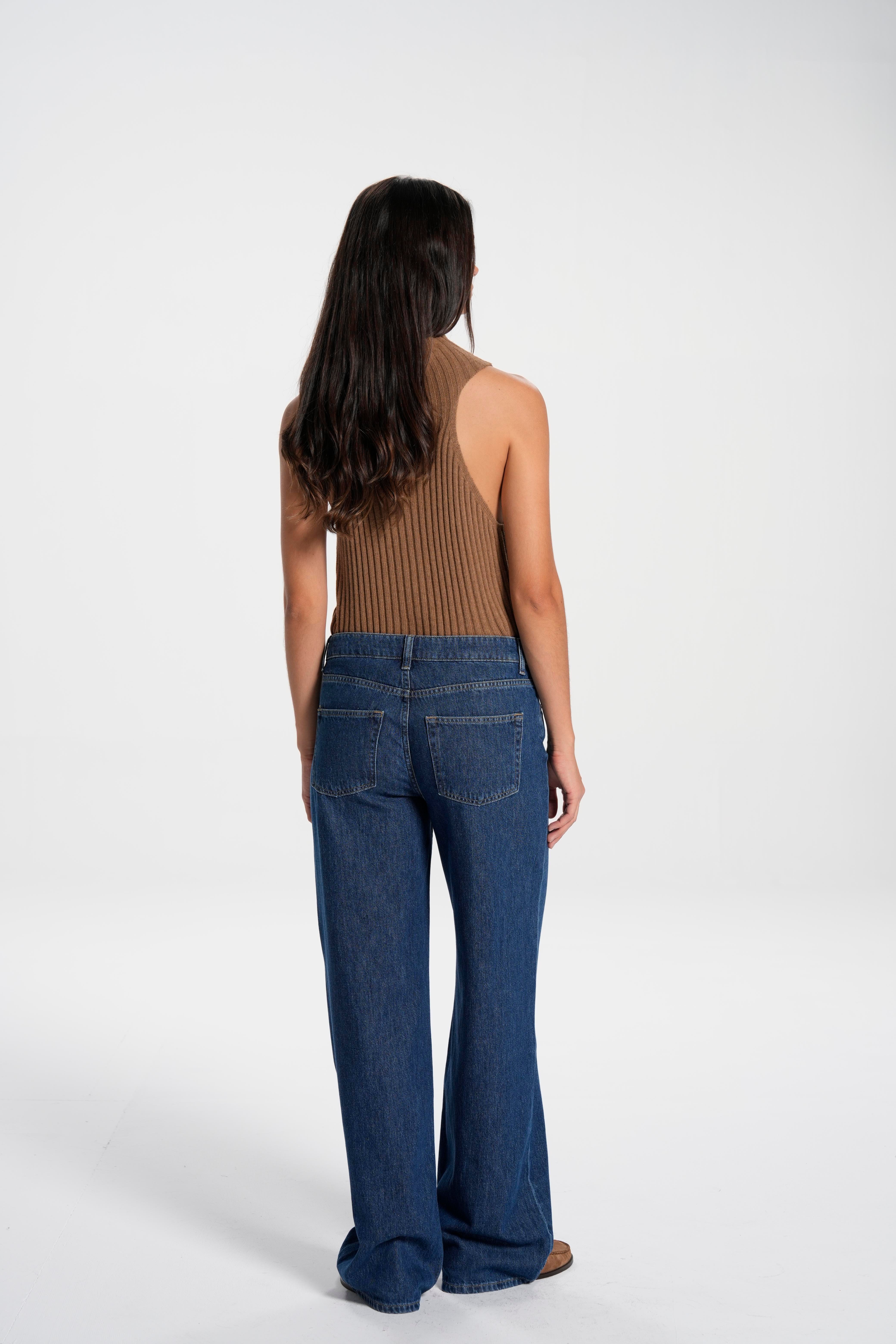 Koyu Mavi Mid Waist Wide Leg Jean