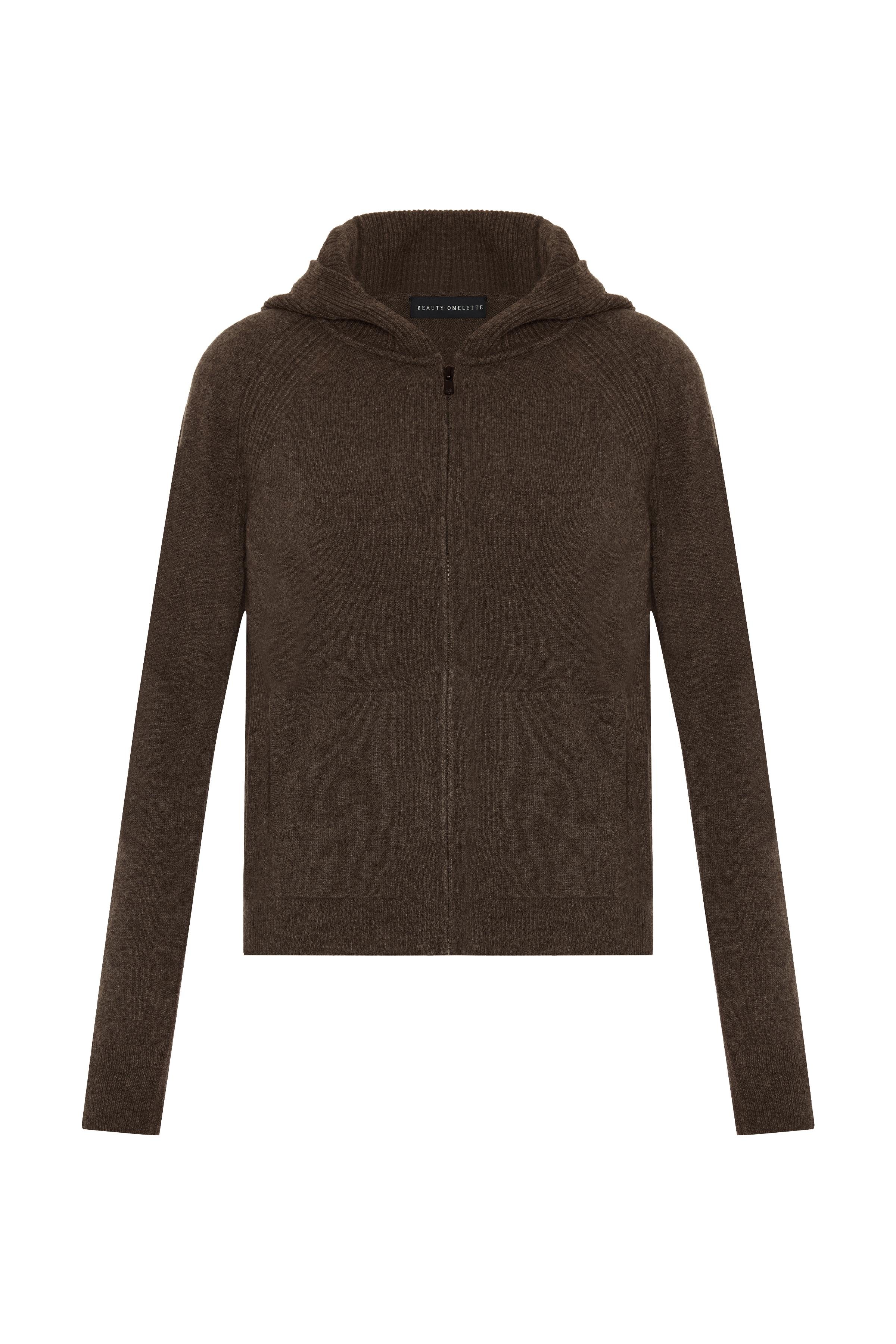 Koyu Vizon %100 Kaşmir Kapüşonlu Hırka