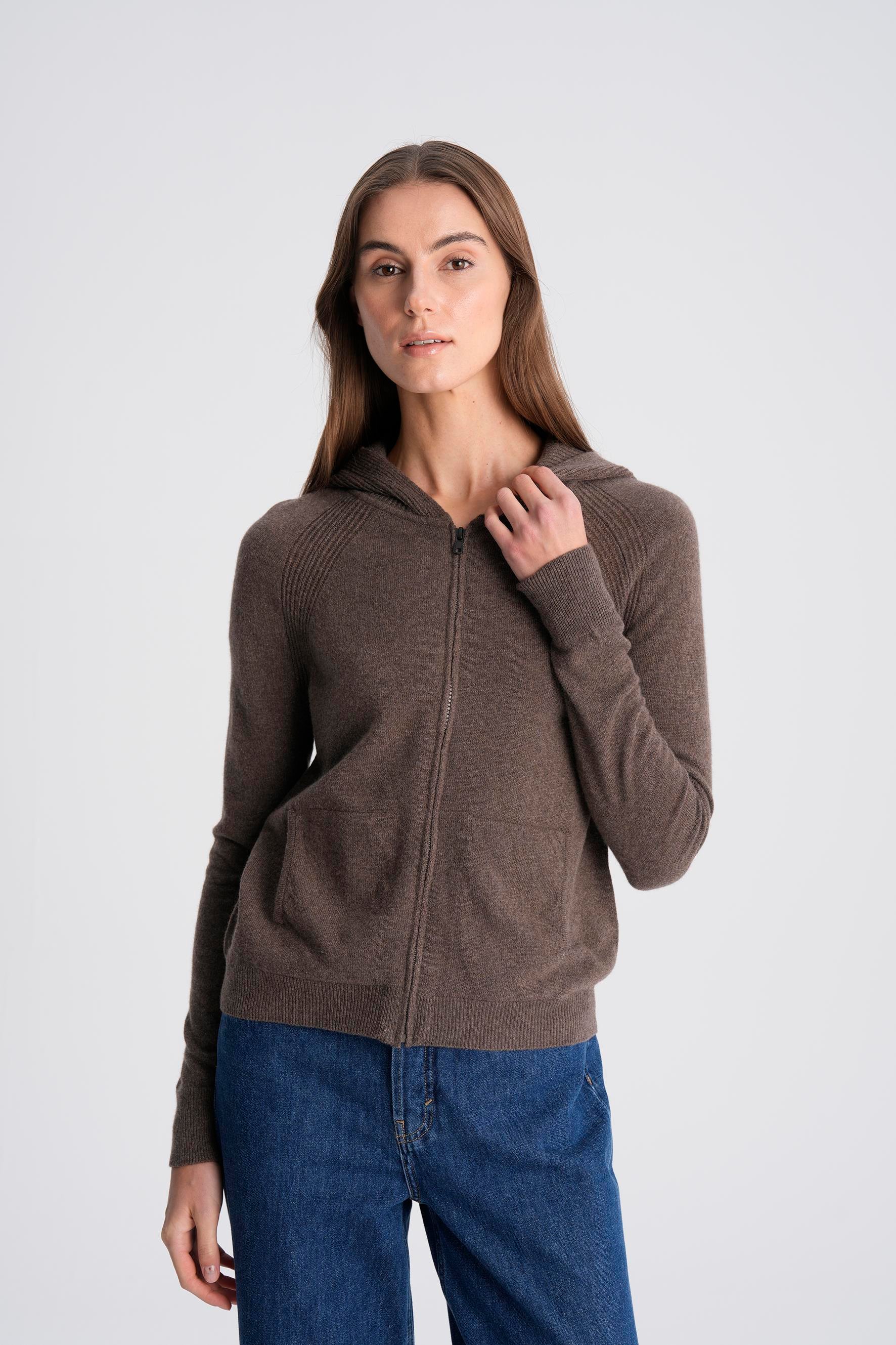 Koyu Vizon %100 Kaşmir Kapüşonlu Hırka