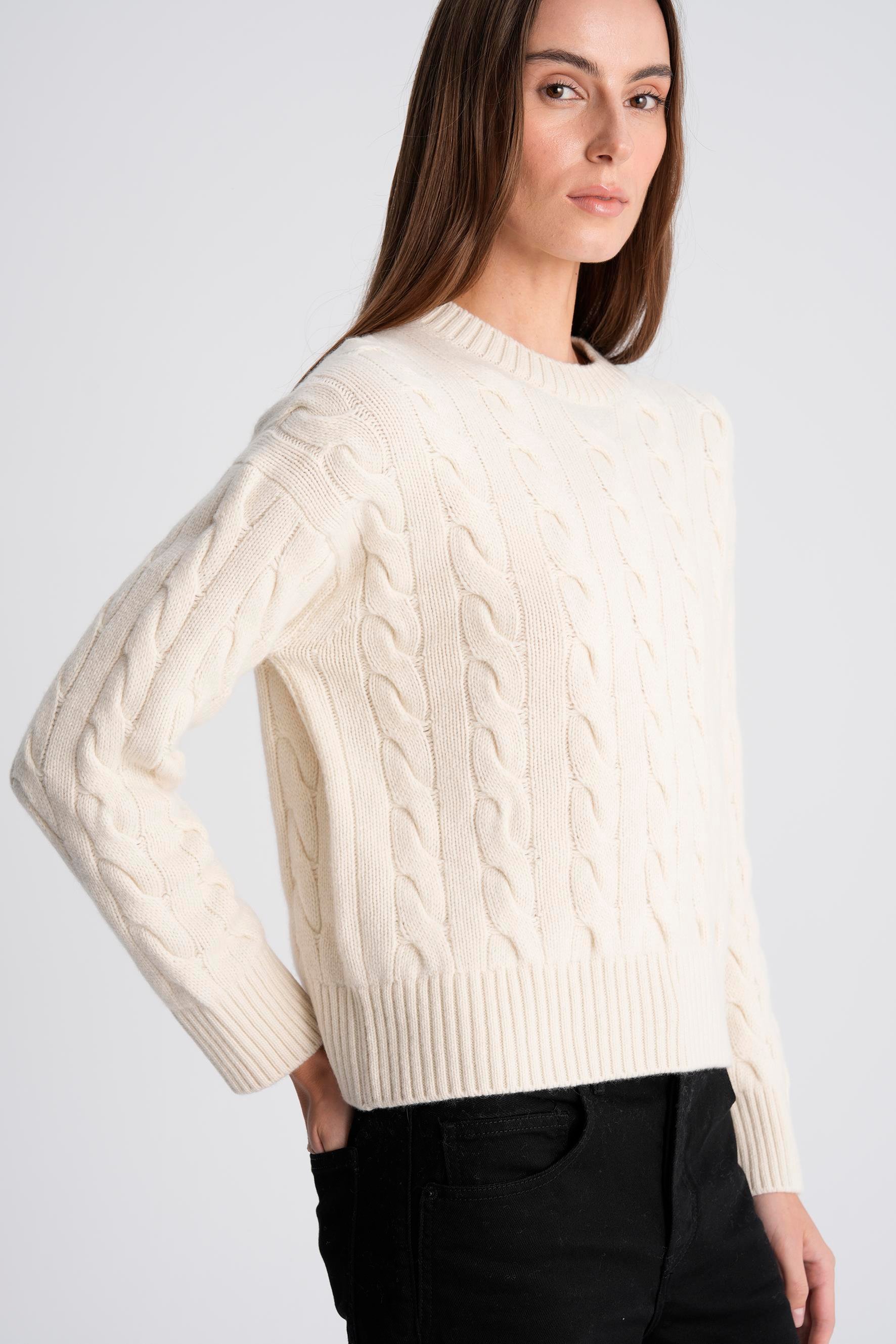 Krem %100 Kaşmir Saç Örgülü Kazak