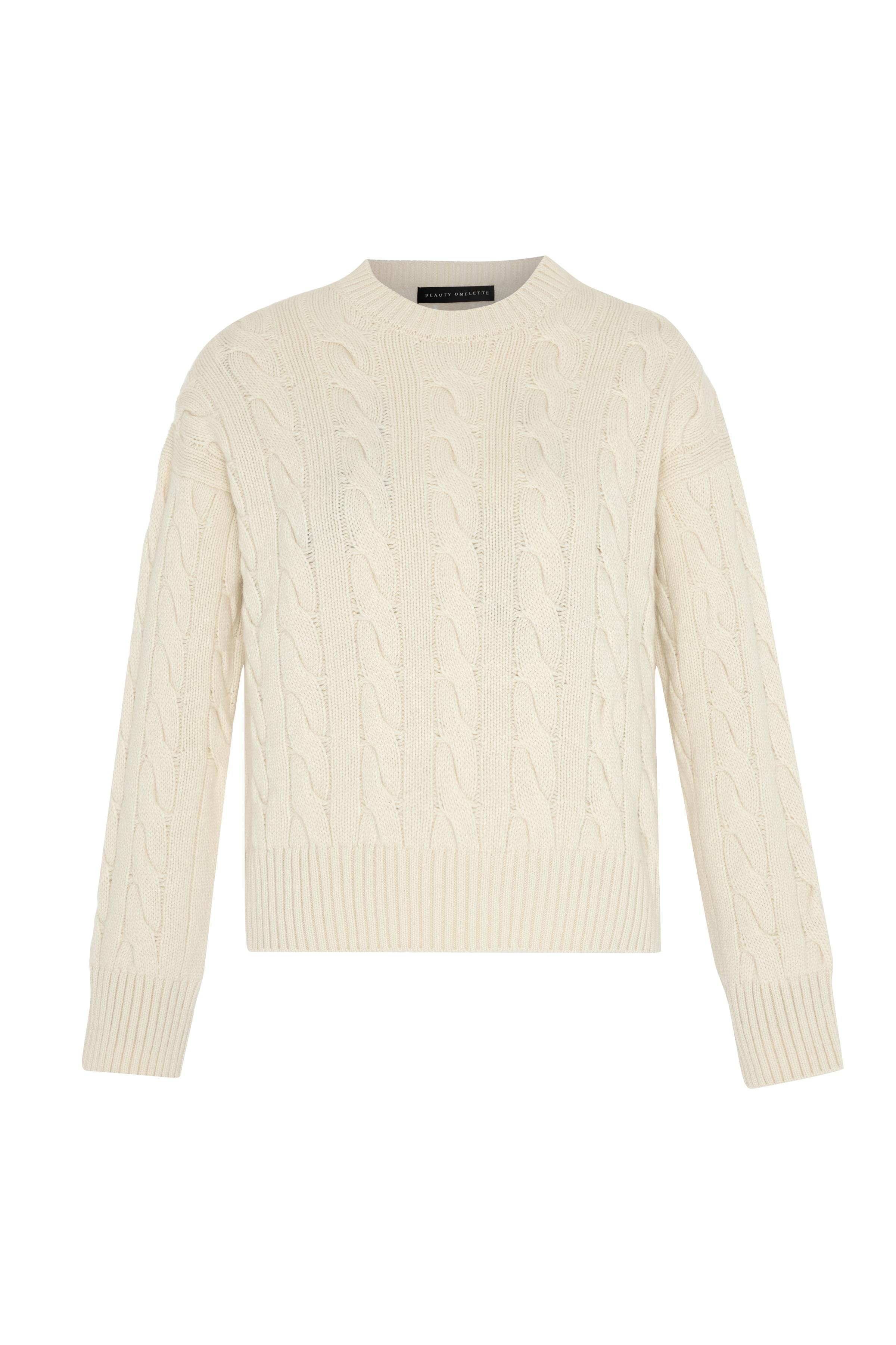 Krem %100 Kaşmir Saç Örgülü Kazak