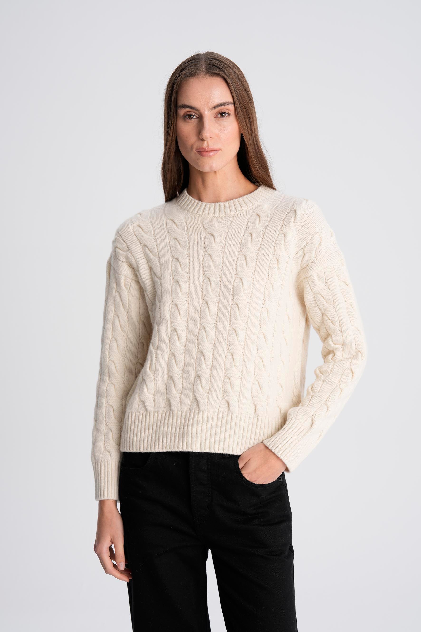 Krem %100 Kaşmir Saç Örgülü Kazak