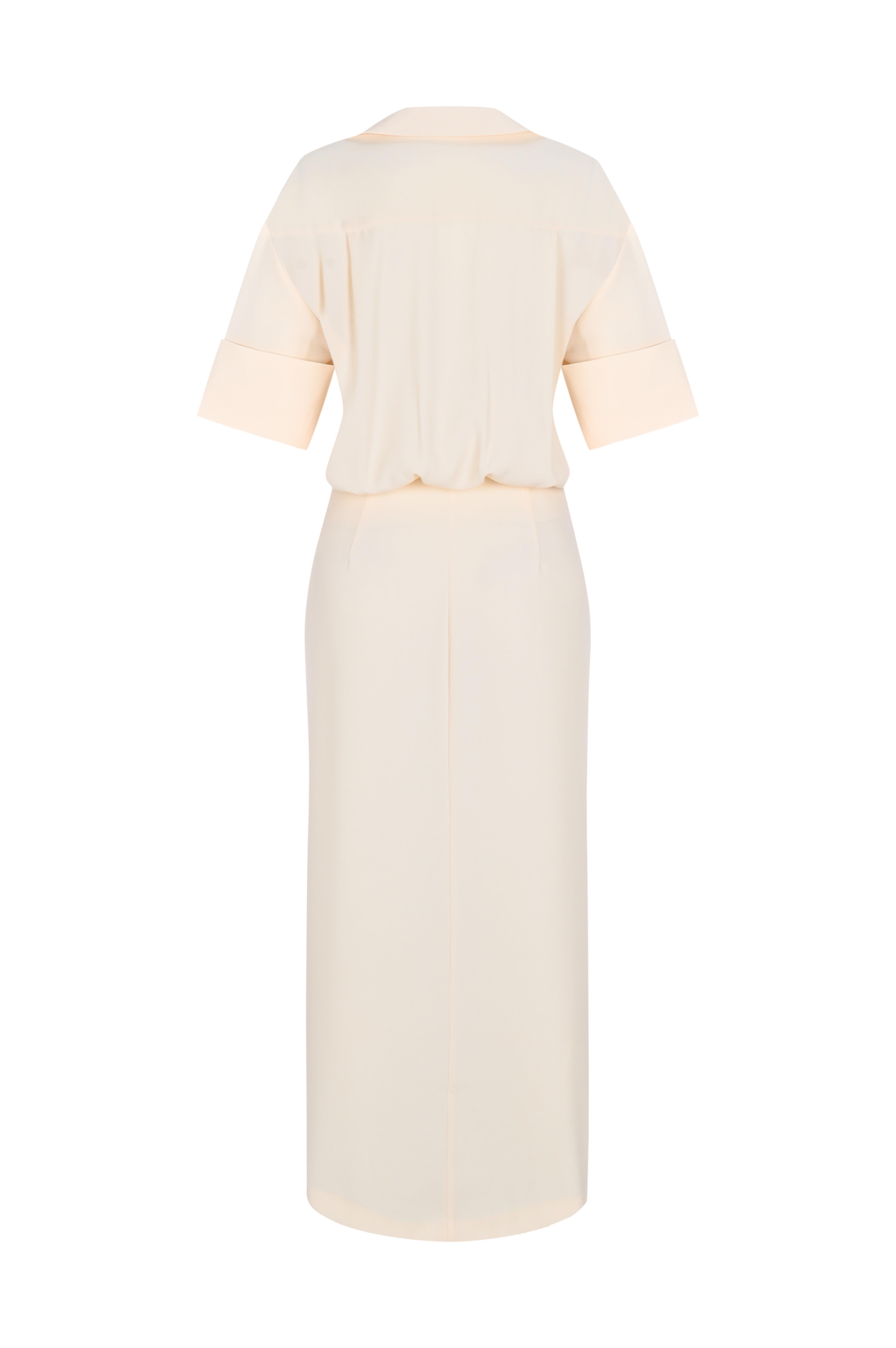 Krem Yırtmaçlı Krep Gömlek Elbise