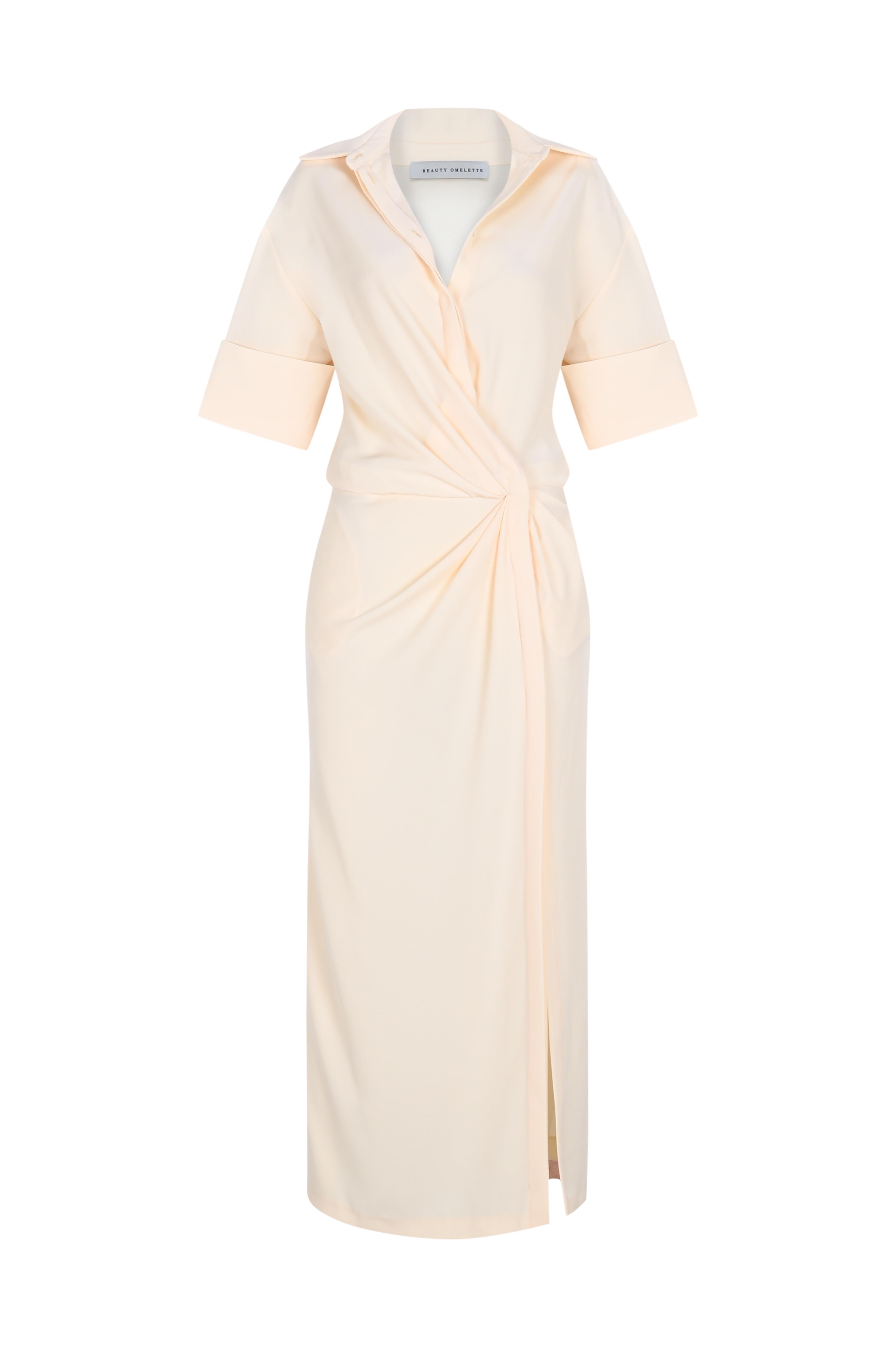 Krem Yırtmaçlı Krep Gömlek Elbise