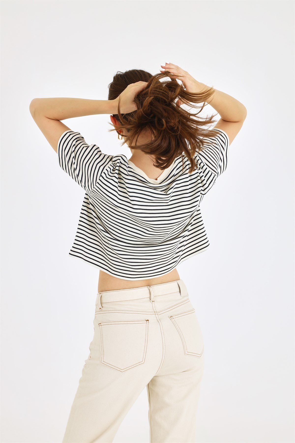 Lacivert Çizgili Basic Crop Tshirt