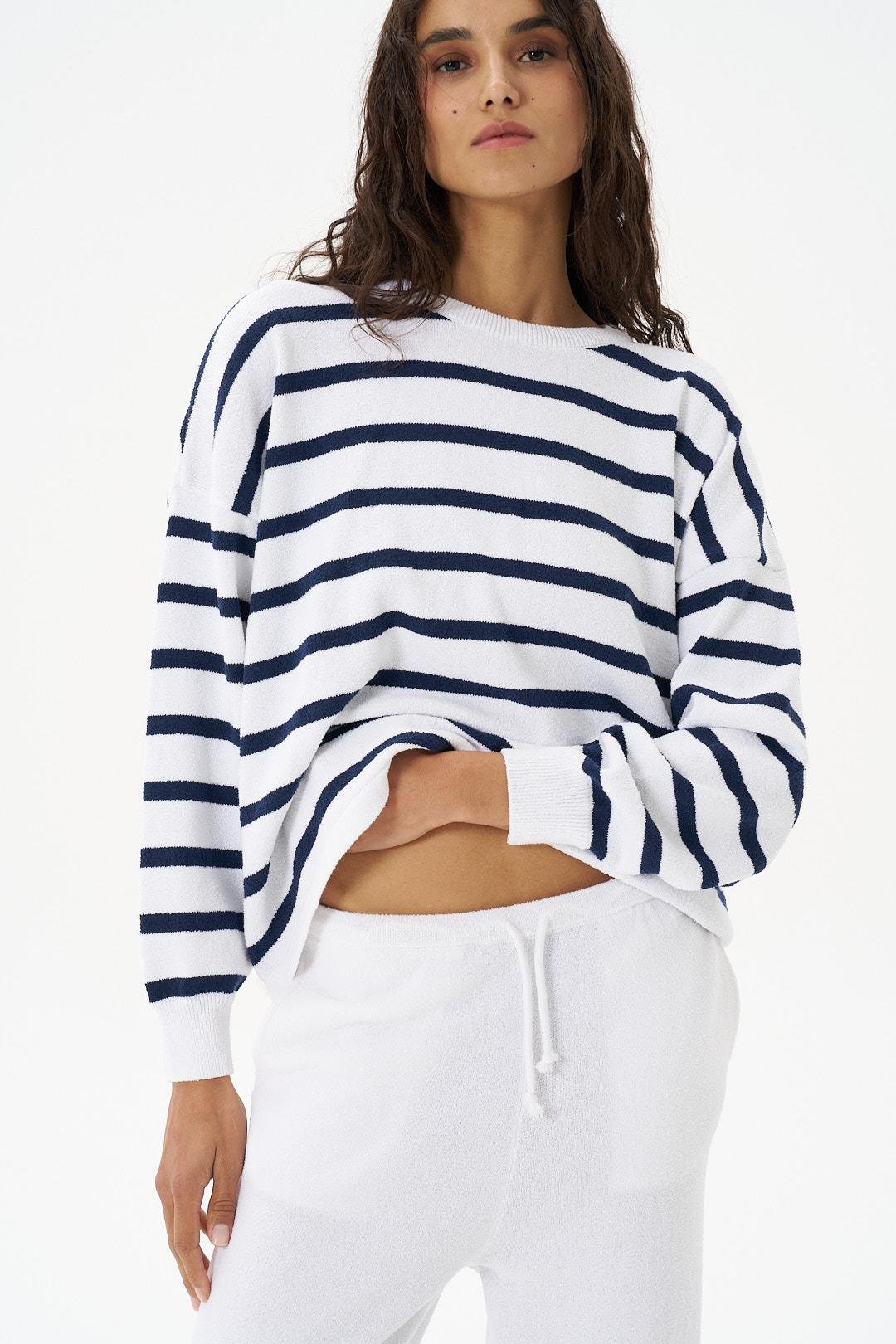 Lacivert Çizgili Havlu Sweatshirt