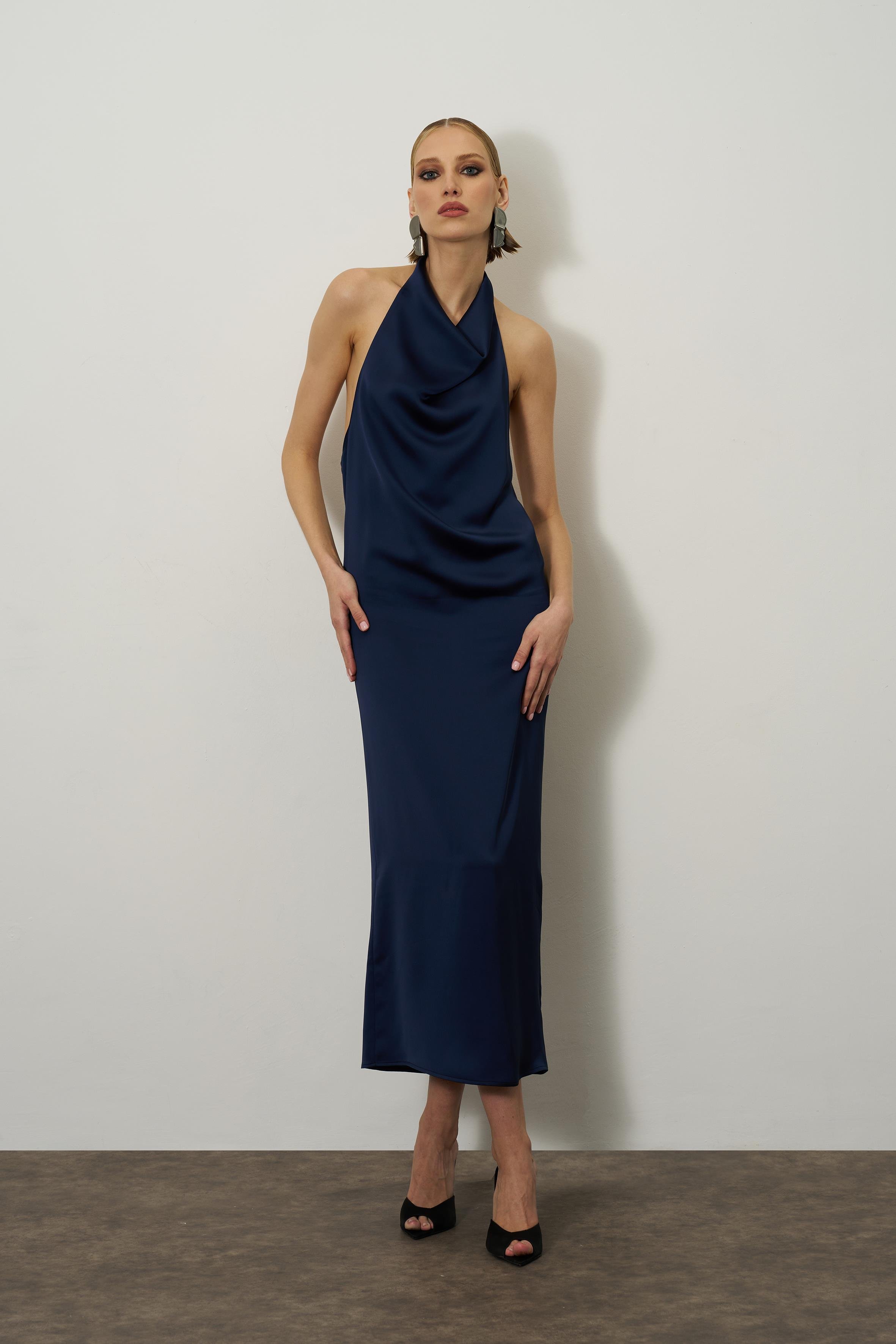 Lacivert Degaje Yaka Saten Uzun Elbise