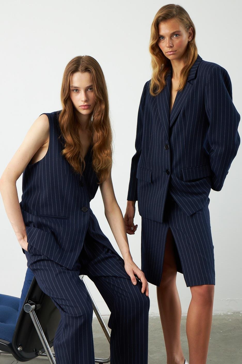 Lacivert Pinstripe Yünlü Daddy Vest