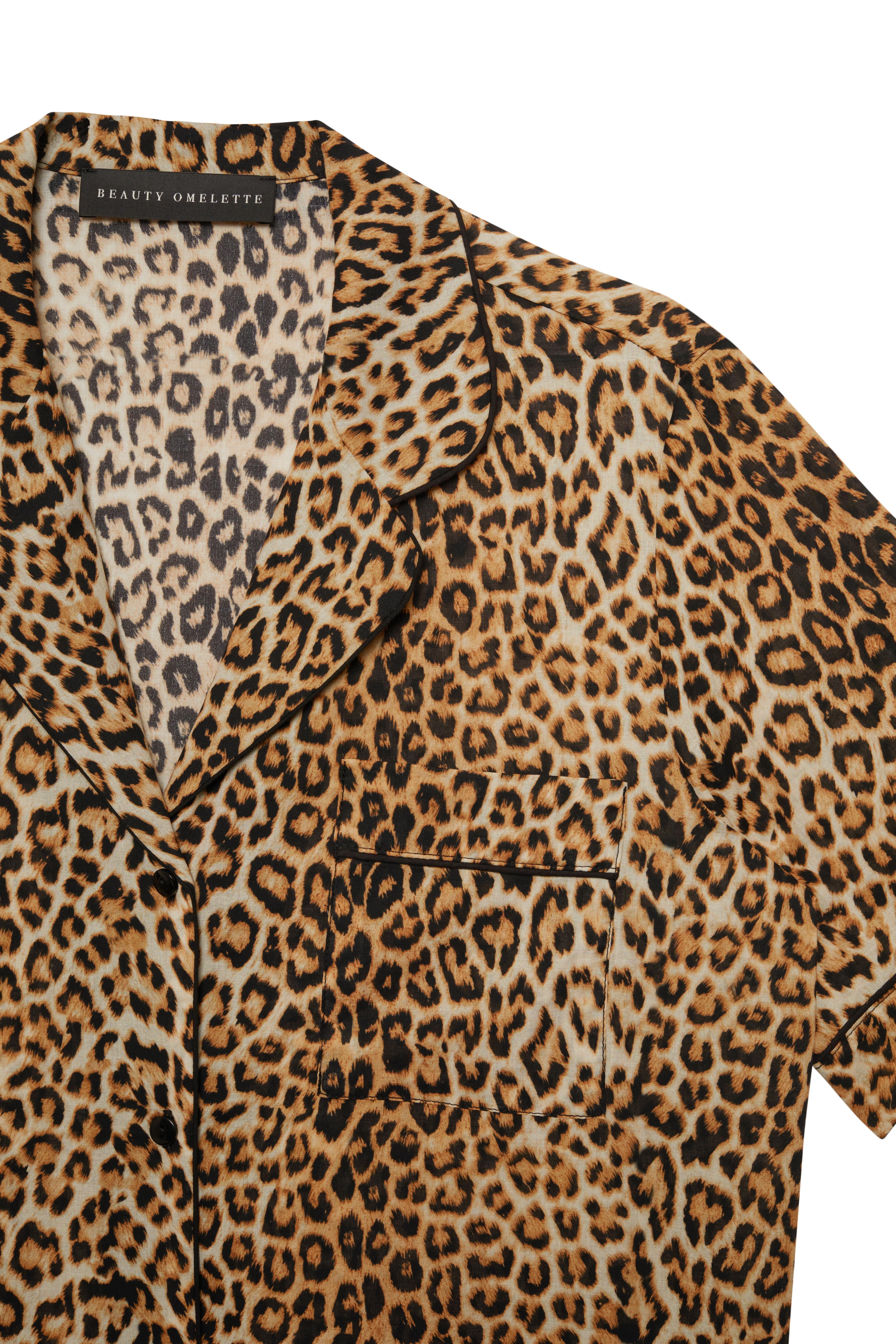 Leopar Desen Koton Biyeli Şömizye Yaka Gömlek