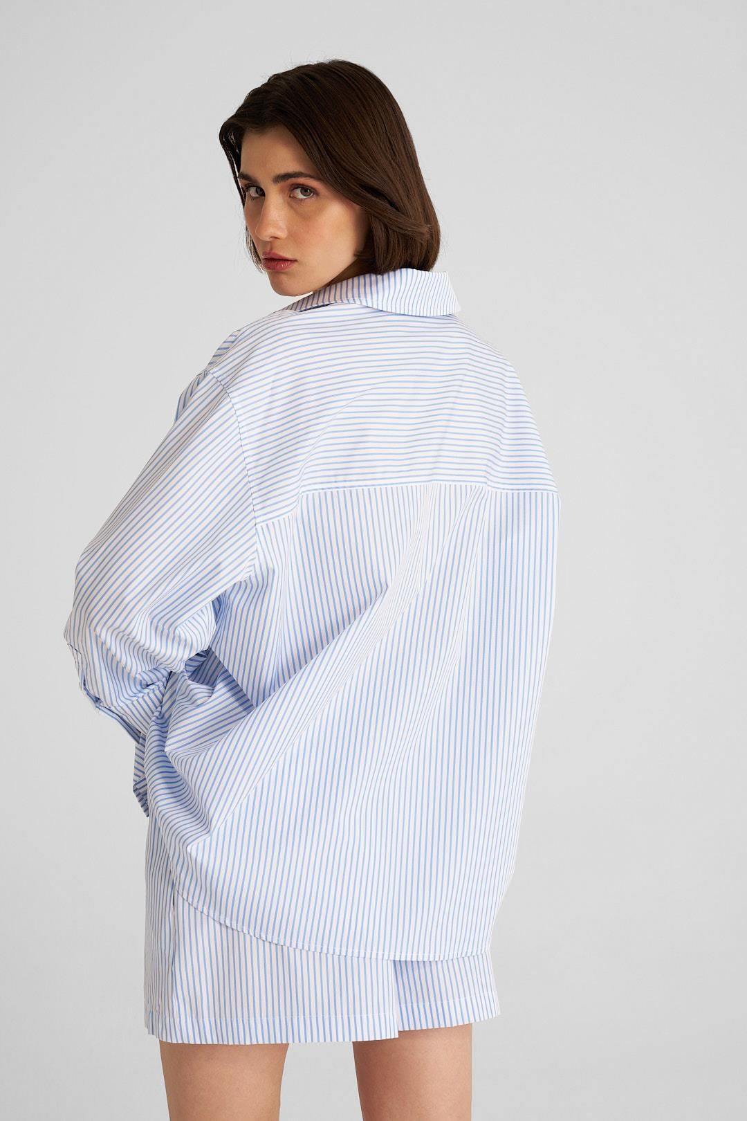Mavi Çizgili Beli Lastikli Poplin Mini Şort