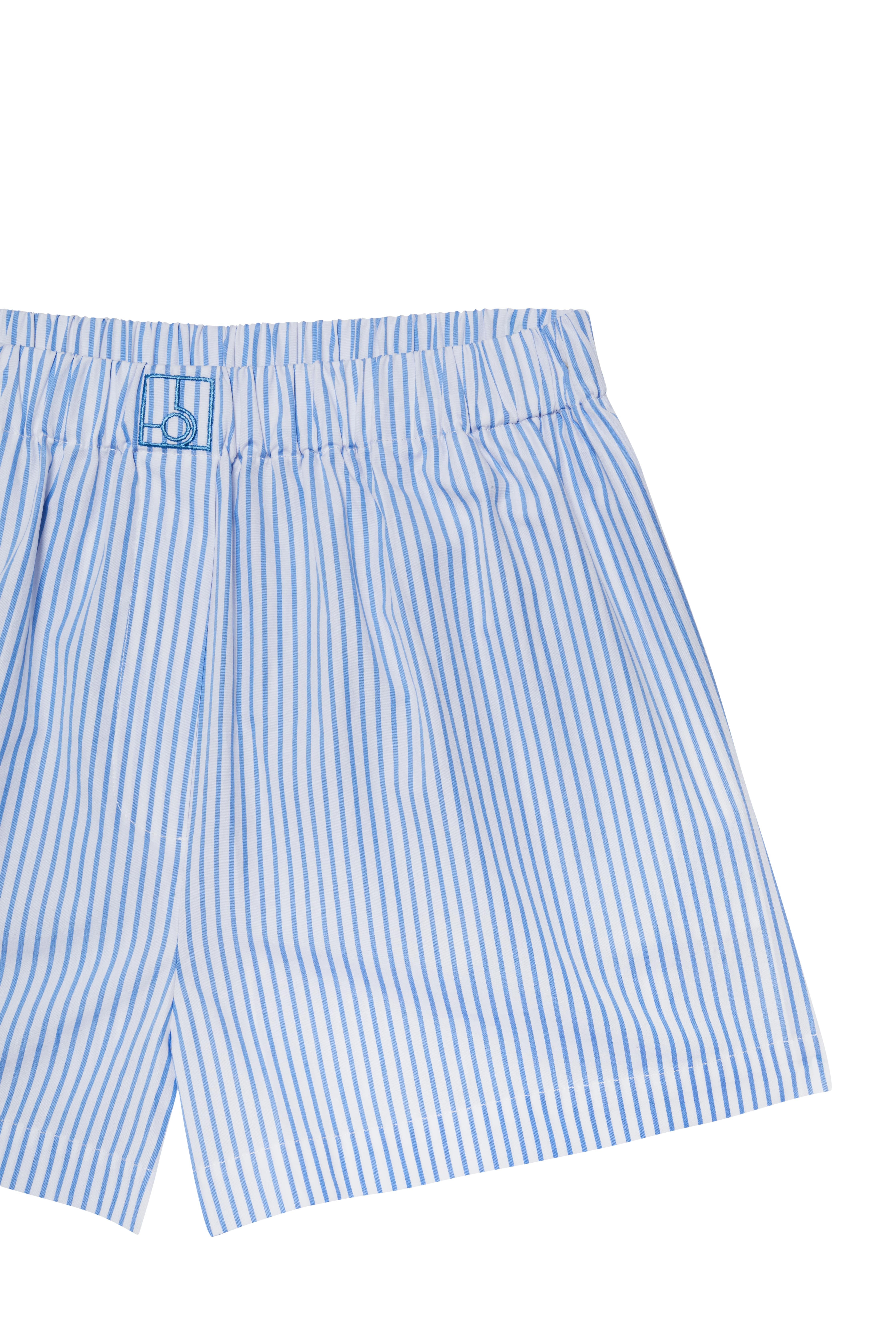 Mavi Çizgili Beli Lastikli Poplin Mini Şort