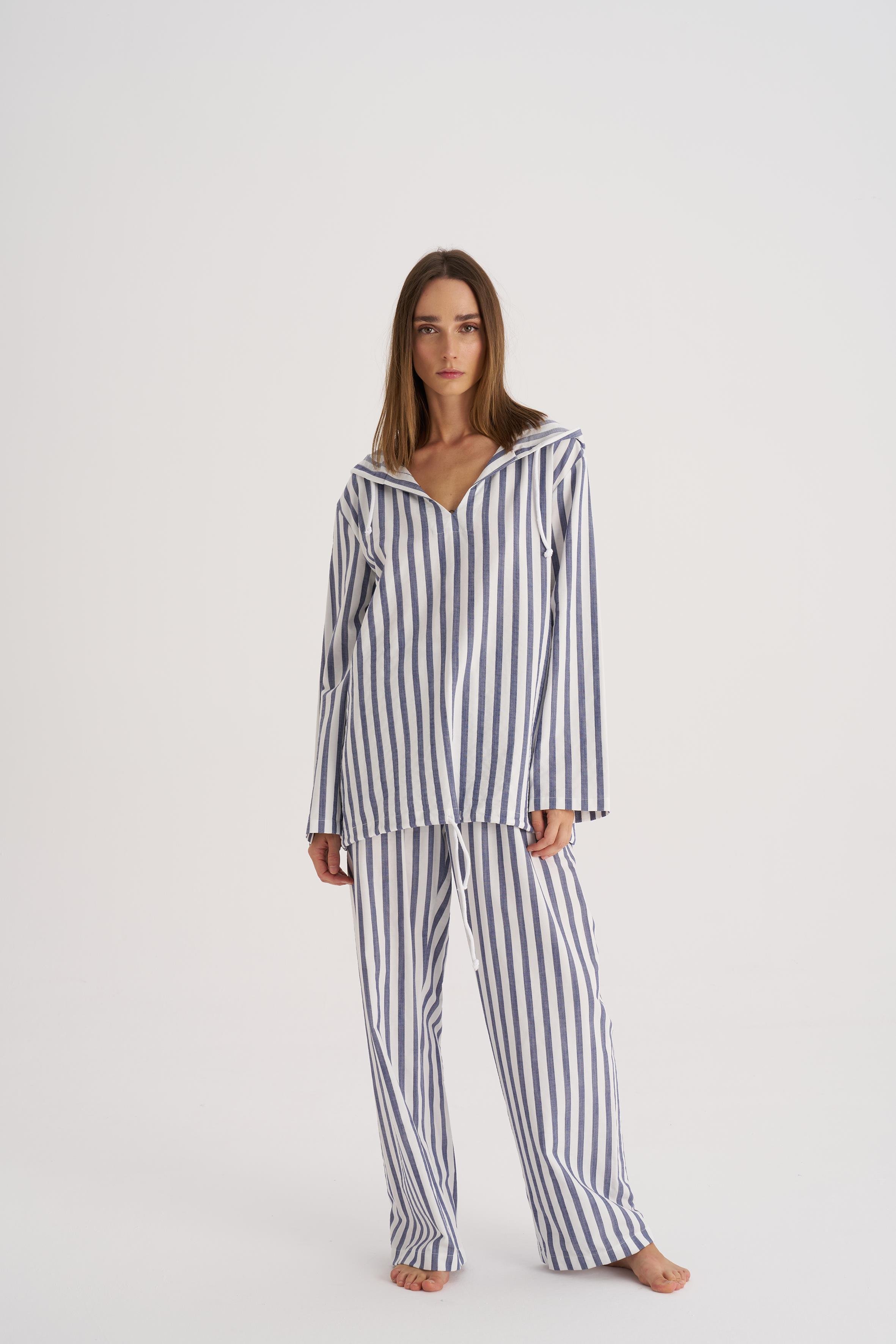 Mavi Çizgili Bol Pantolon