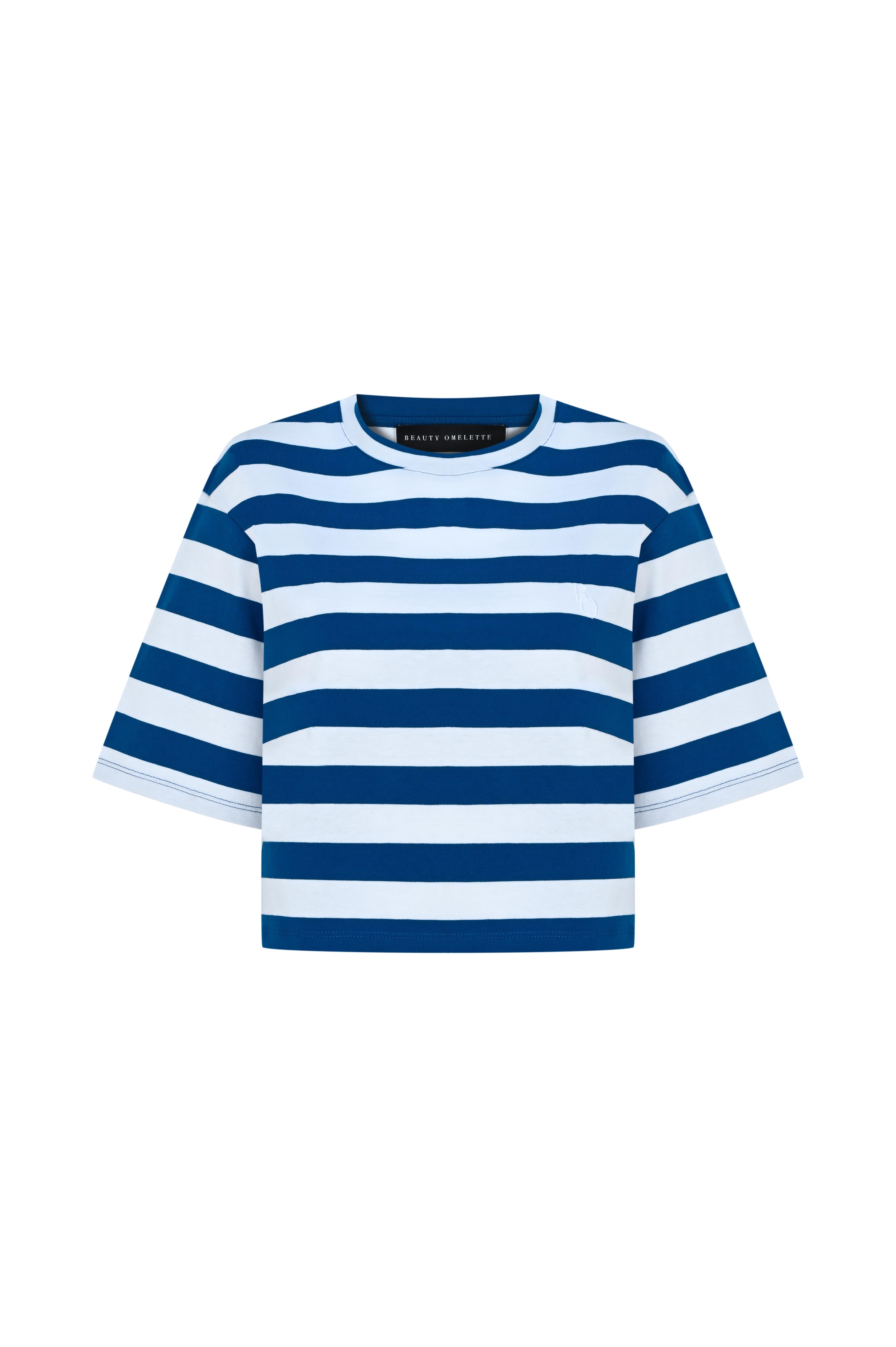 Mavi Çizgili Kutu Form Crop Tshirt