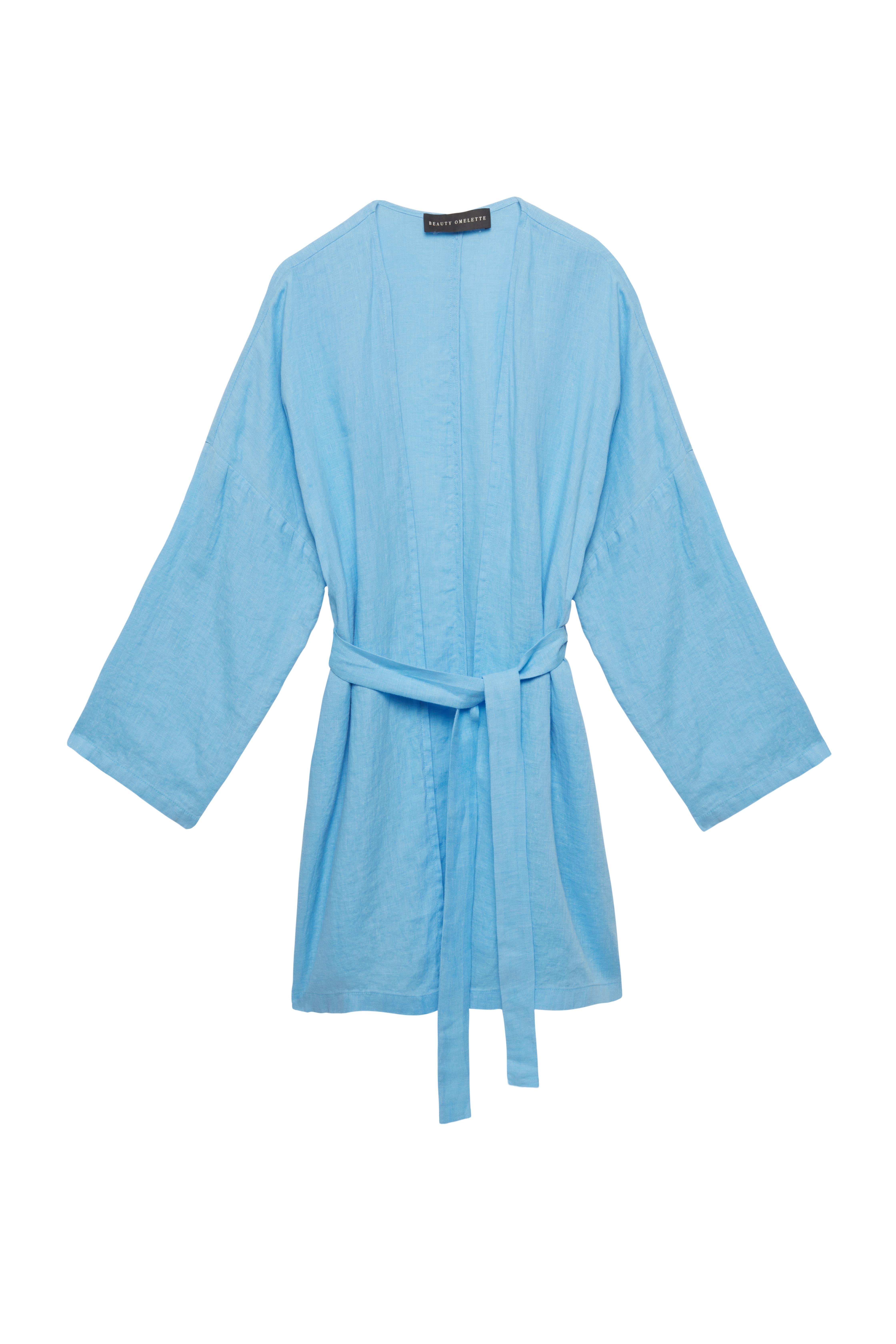 Mavi Keten Kuşaklı Kimono