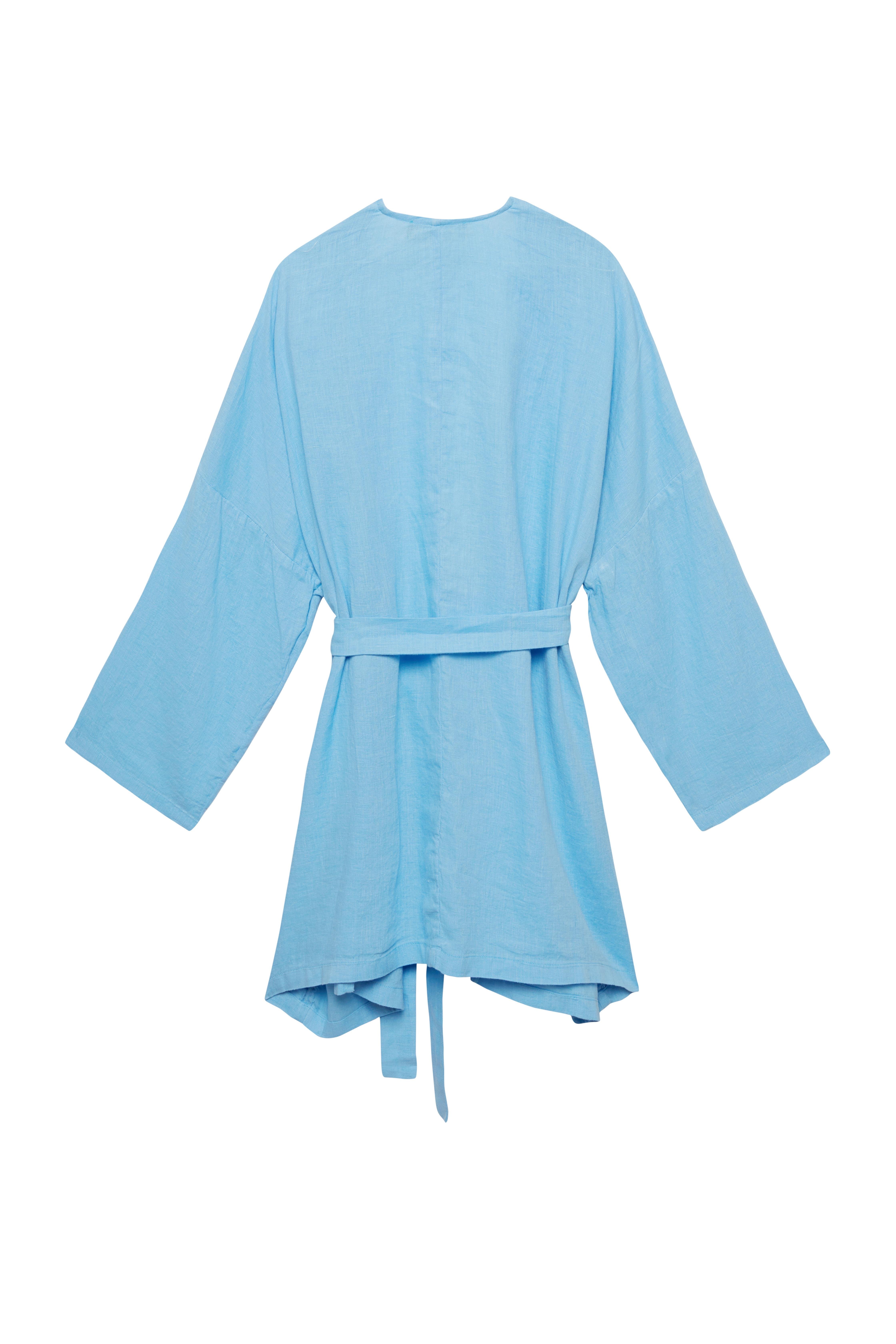 Mavi Keten Kuşaklı Kimono