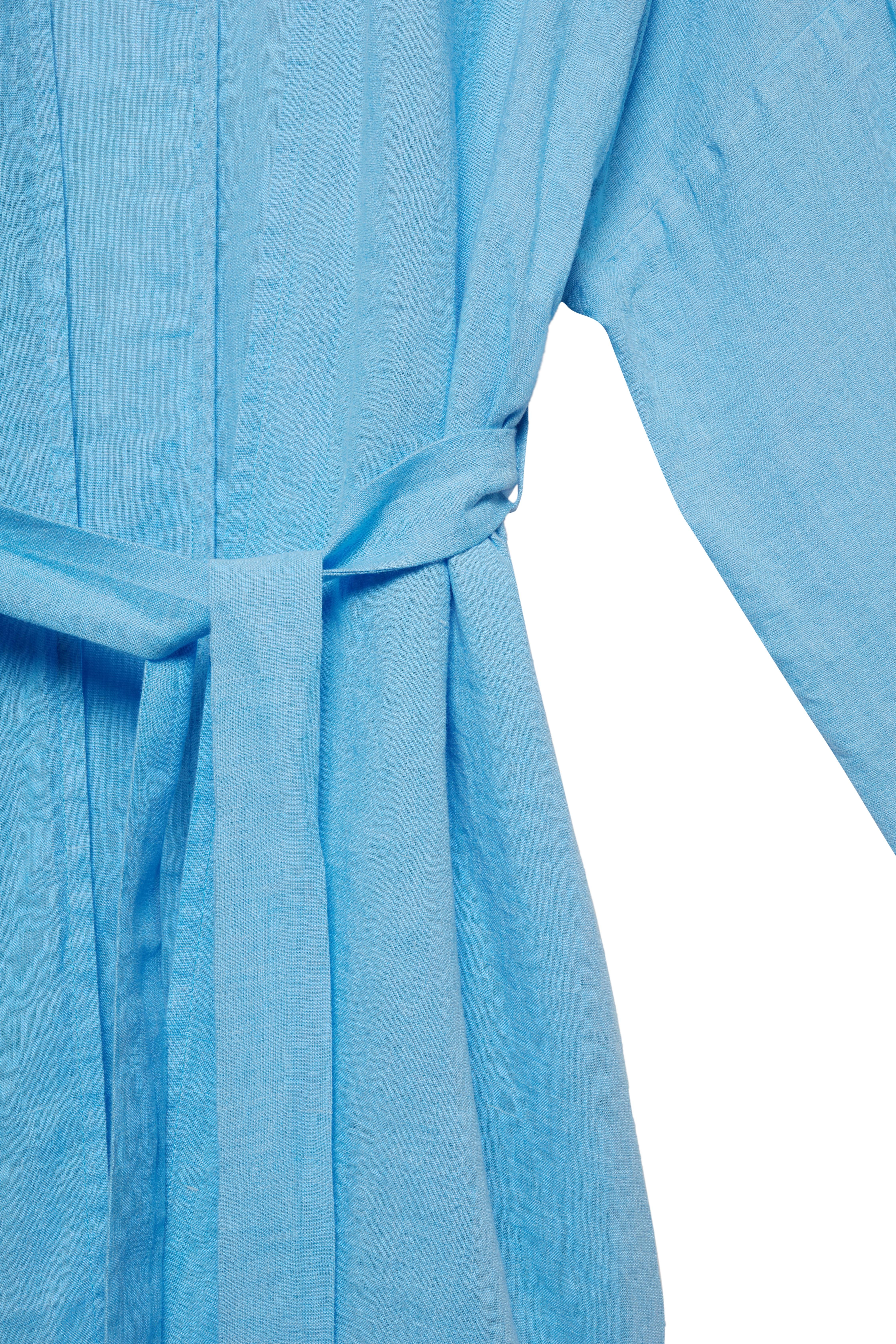 Mavi Keten Kuşaklı Kimono