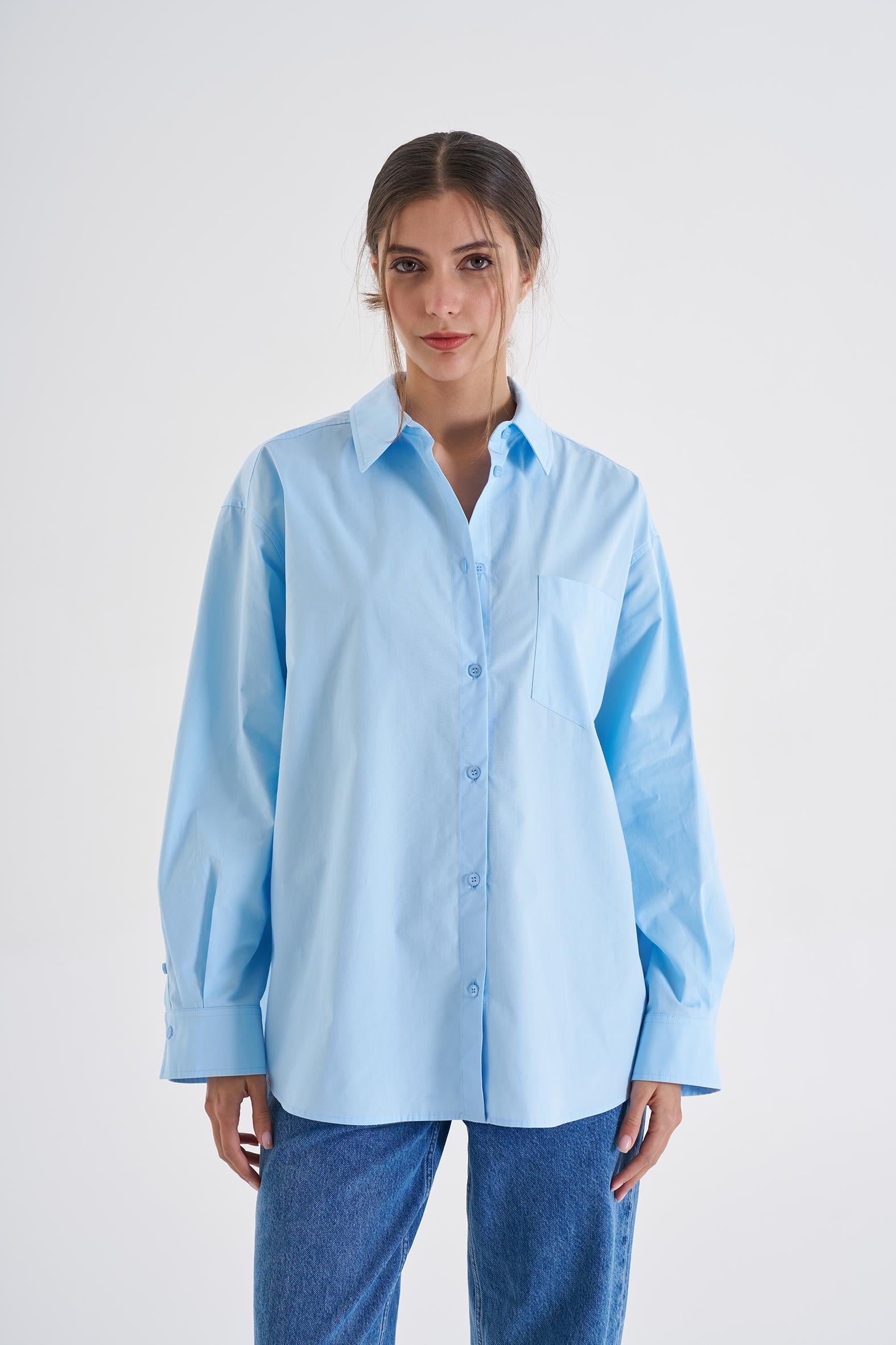 Mavi Oversize Poplin Gömlek