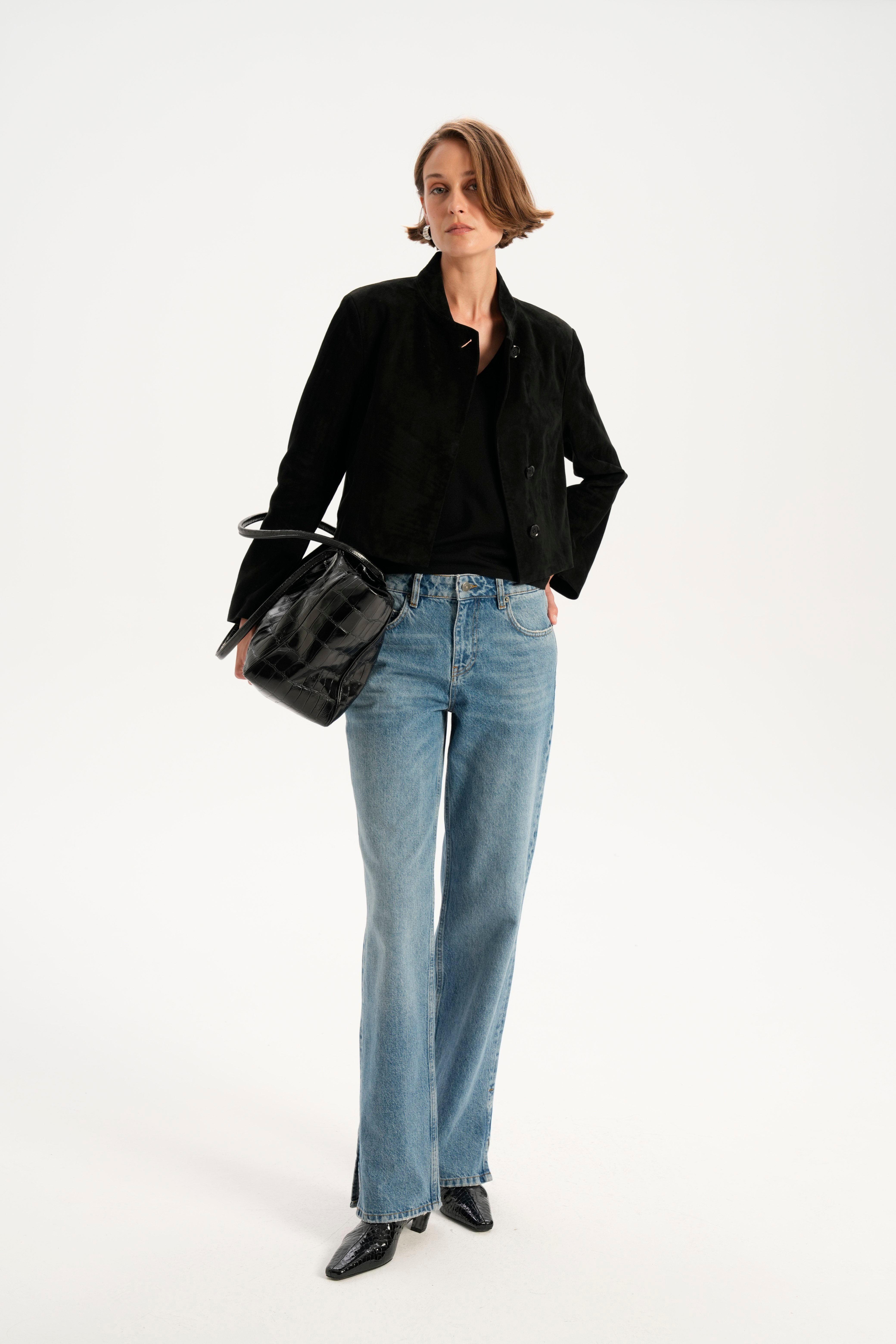 Mavi Yırtmaçlı Mid Waist Straight Jean
