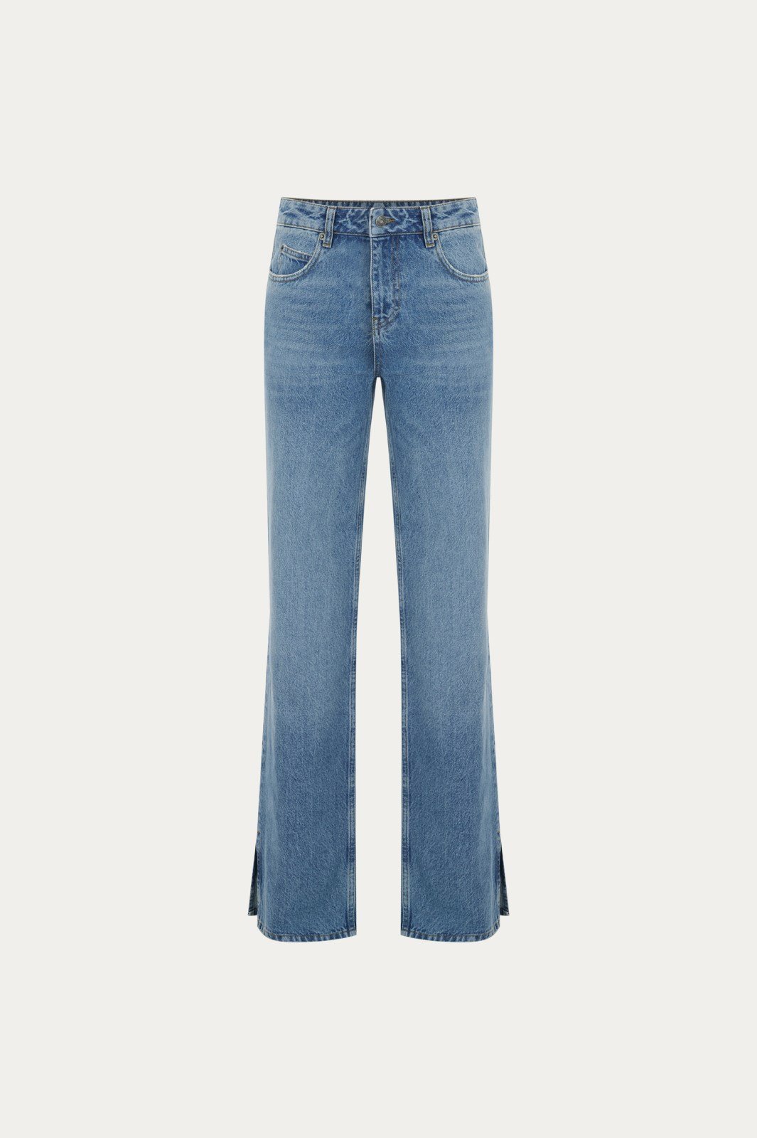 Mavi Yırtmaçlı Mid Waist Straight Jean