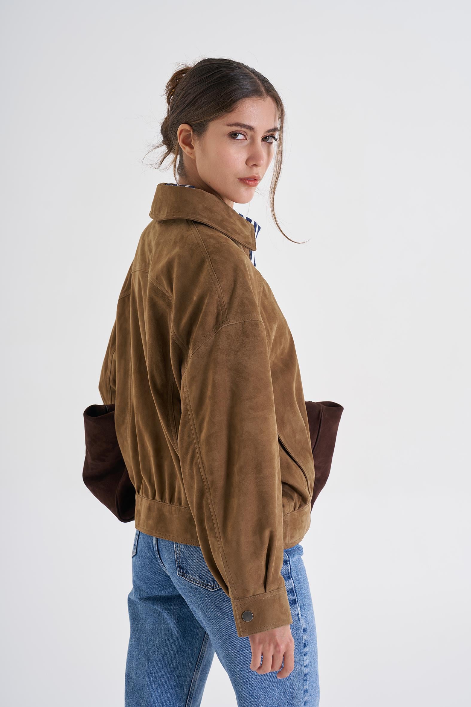 Olive Oversize Bomber Süet Ceket