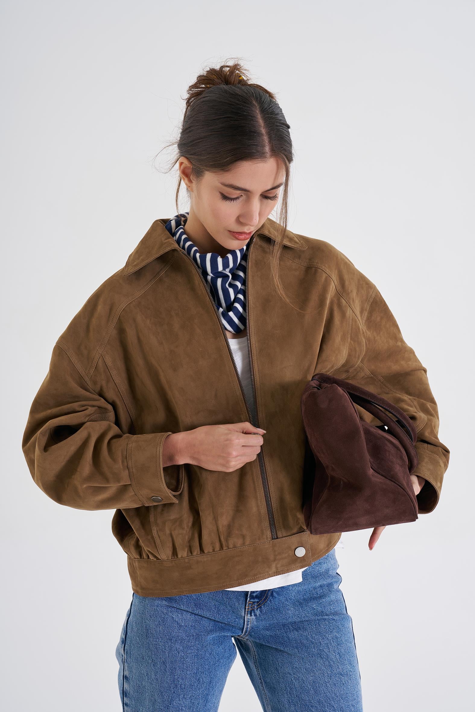 Olive Oversize Bomber Süet Ceket