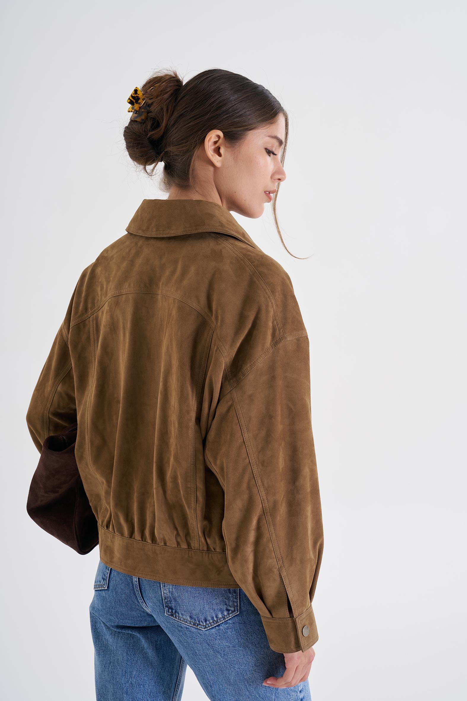 Olive Oversize Bomber Süet Ceket