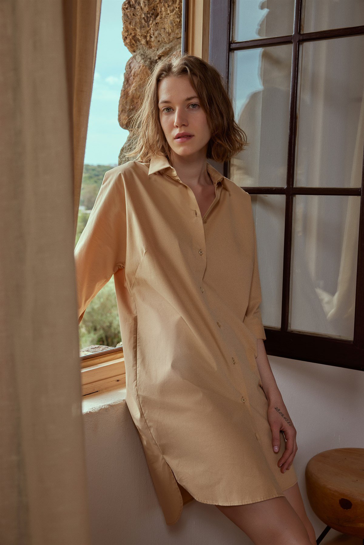 Poplin Midi Camel Gömlek Elbise 