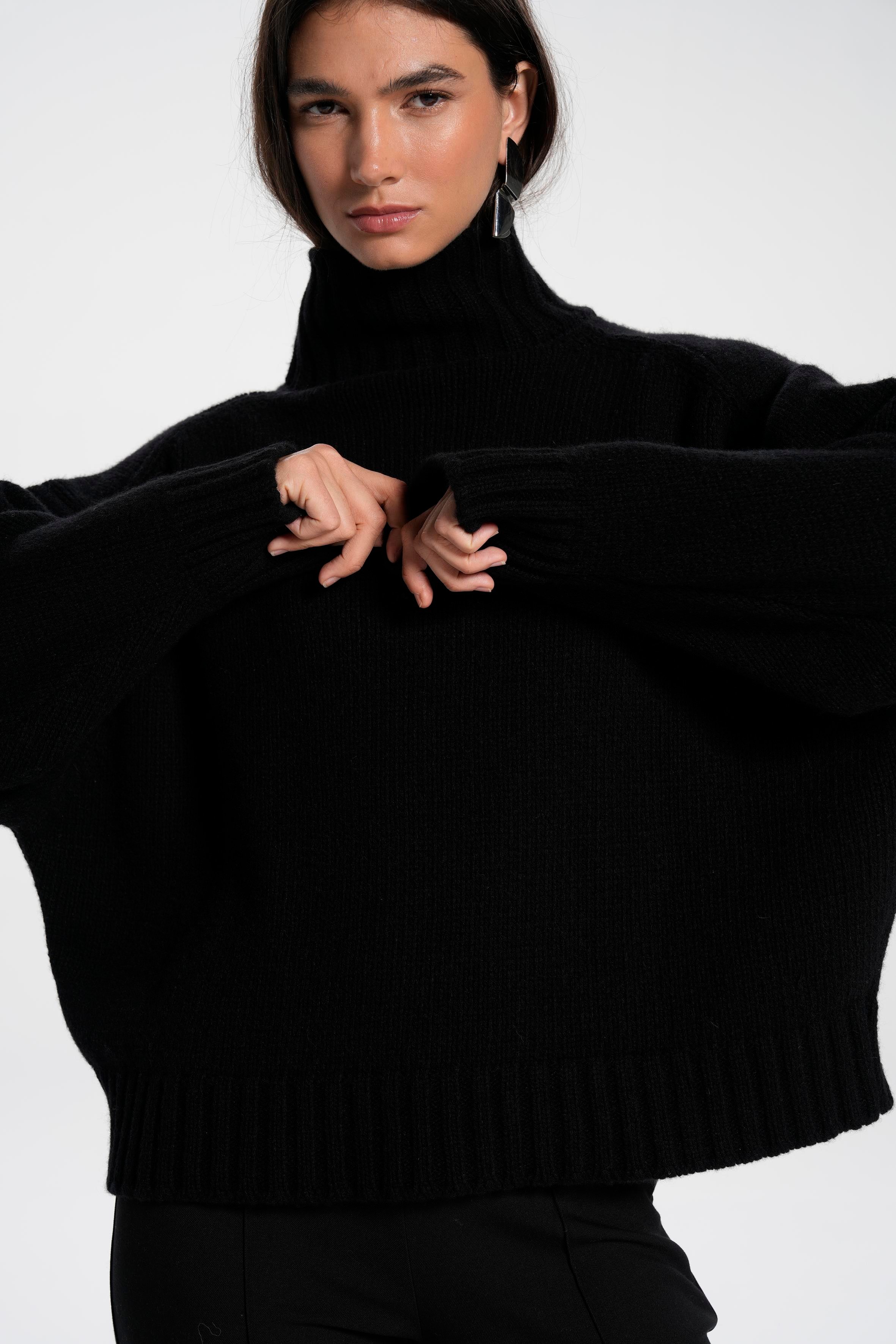 Siyah %100 Kaşmir Balıkçı Yaka Kazak