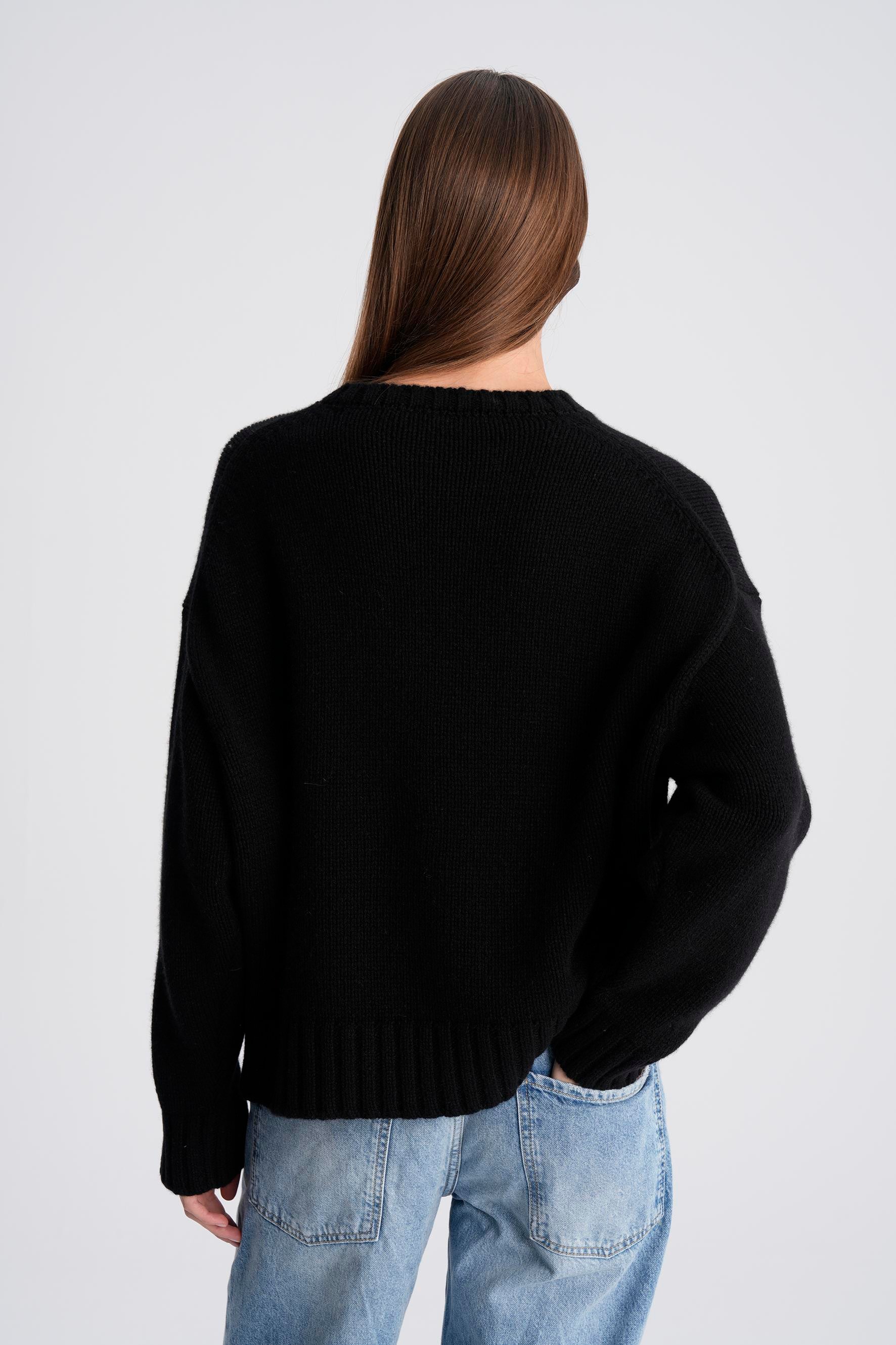 Siyah %100 Kaşmir Bisiklet Yaka Oversize Kazak