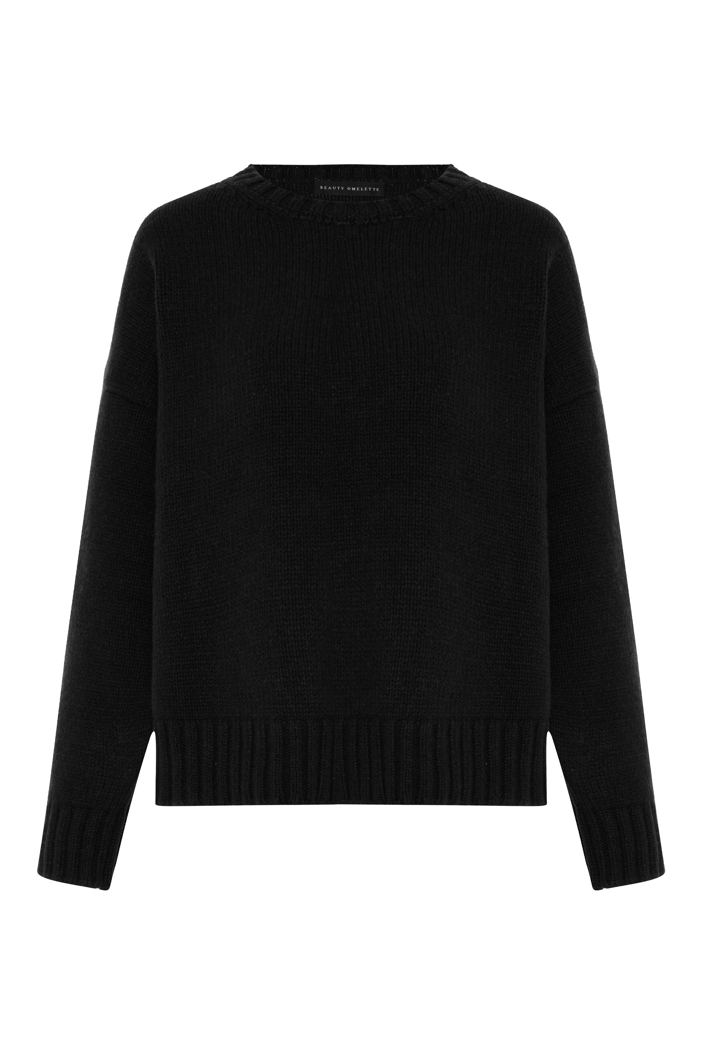 Siyah %100 Kaşmir Bisiklet Yaka Oversize Kazak