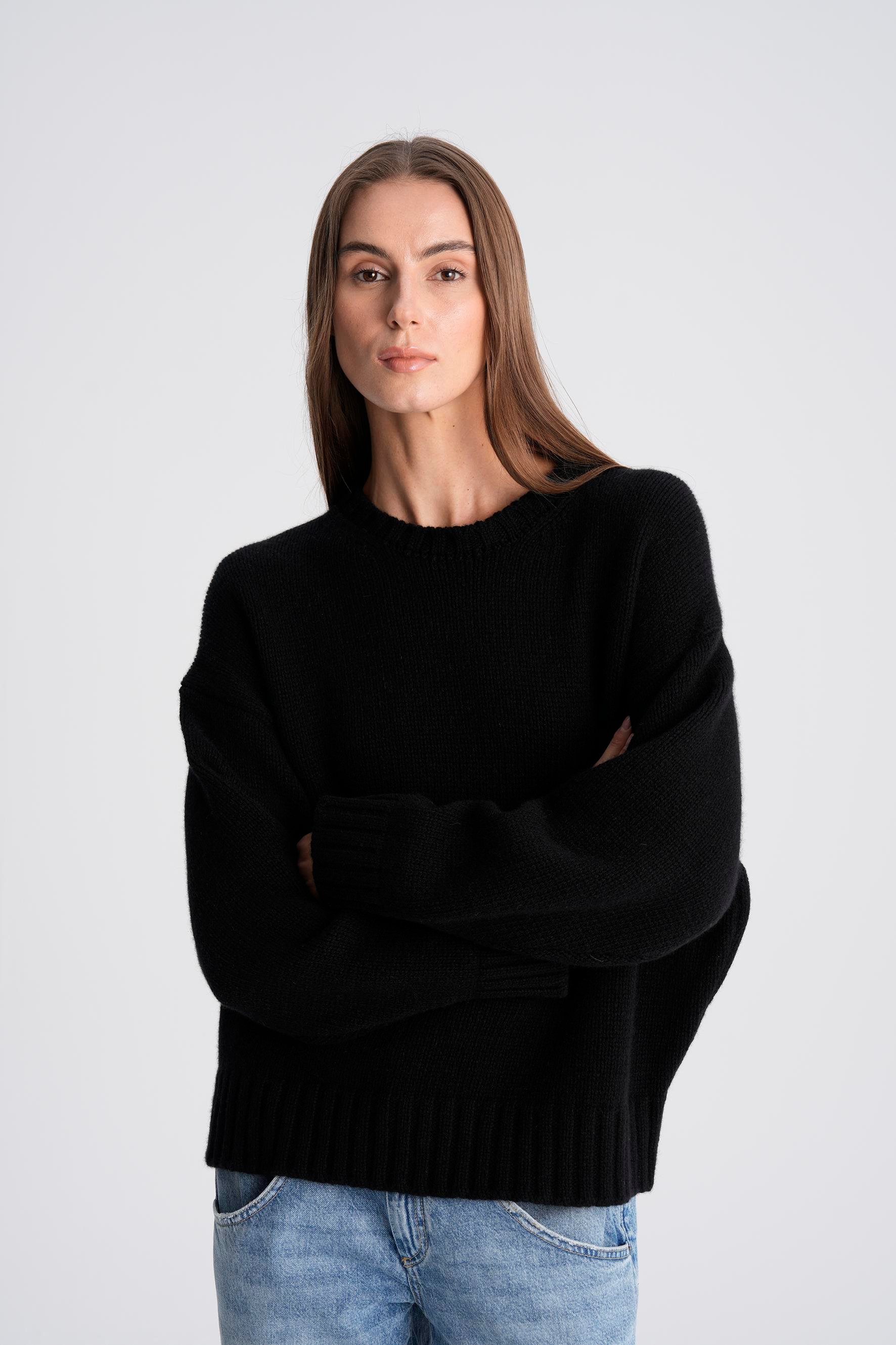 Siyah %100 Kaşmir Bisiklet Yaka Oversize Kazak