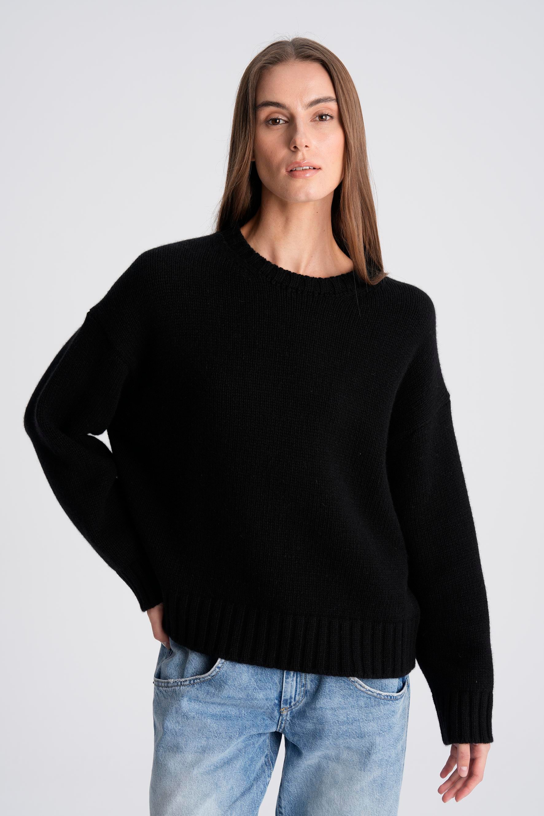 Siyah %100 Kaşmir Bisiklet Yaka Oversize Kazak