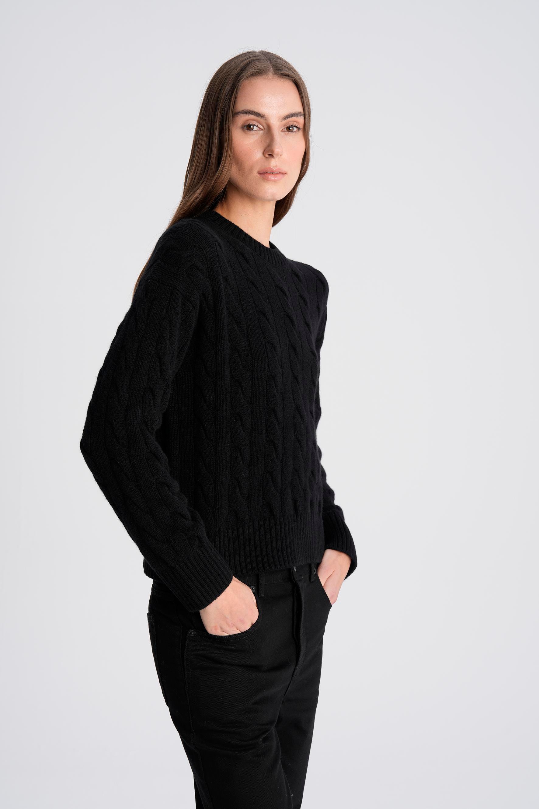 Siyah %100 Kaşmir Saç Örgülü Kazak