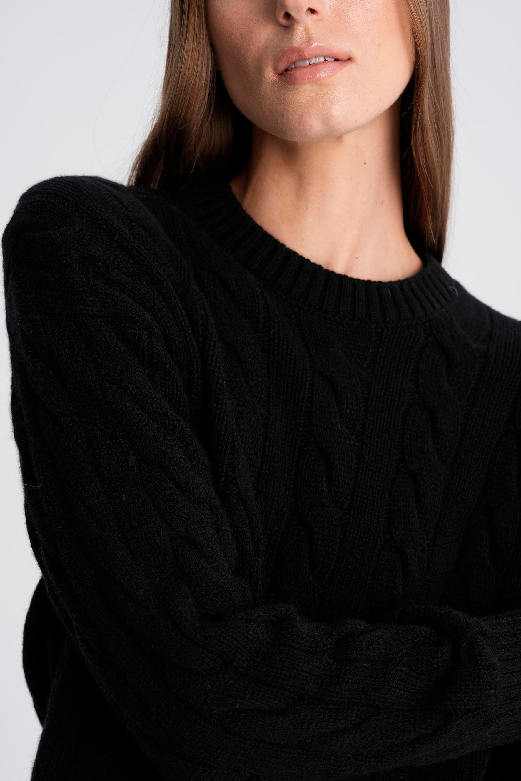 Siyah %100 Kaşmir Saç Örgülü Kazak