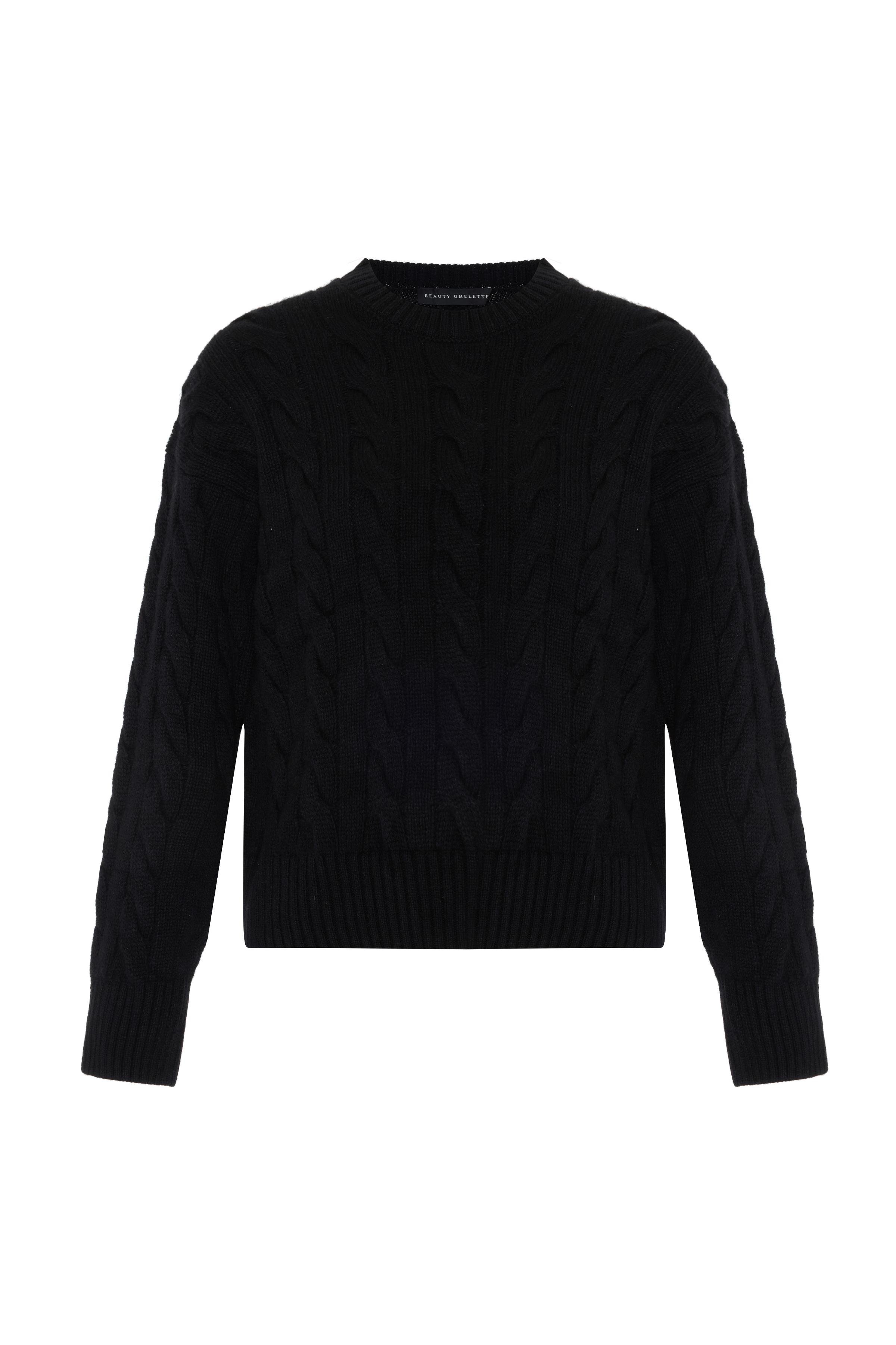 Siyah %100 Kaşmir Saç Örgülü Kazak