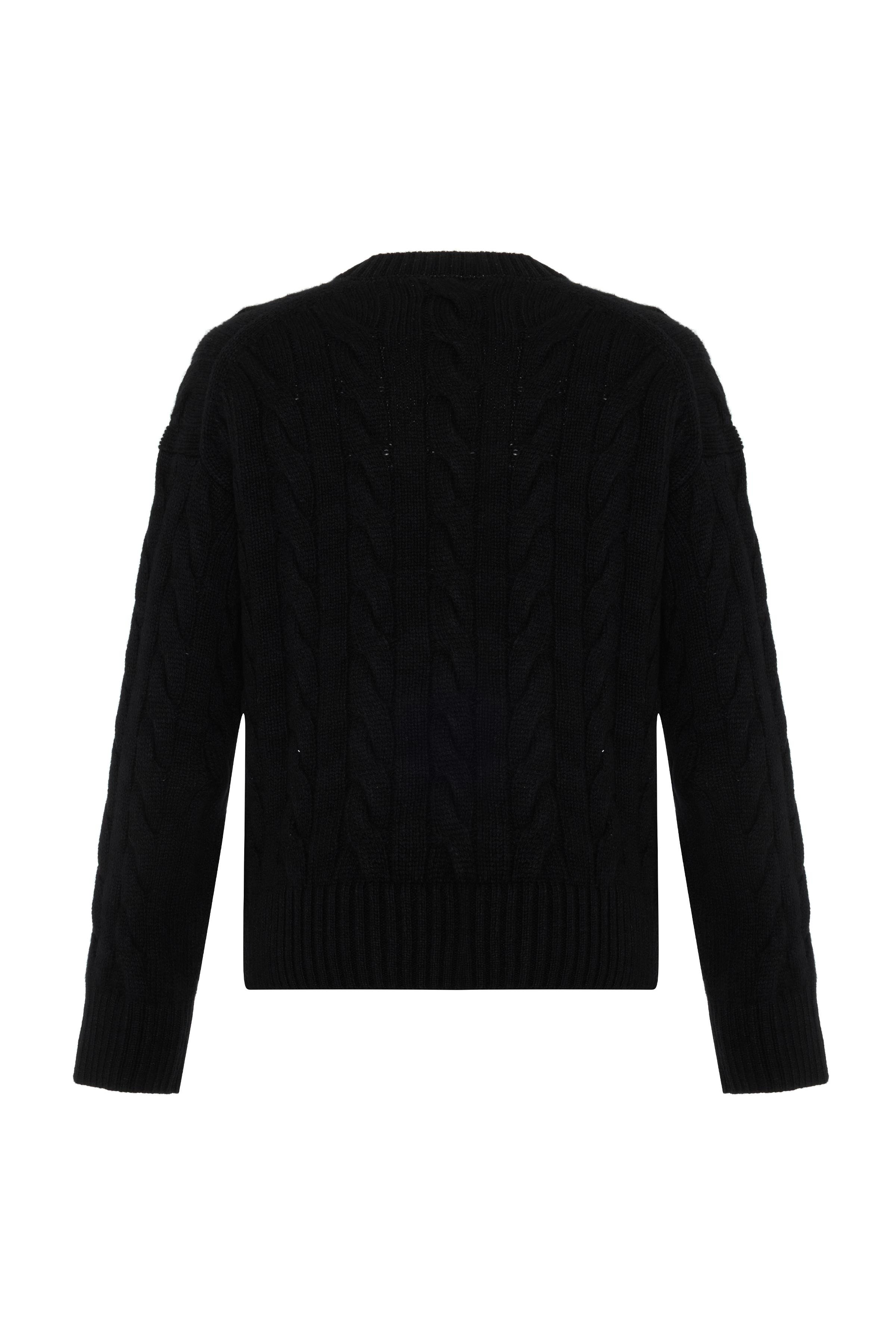 Siyah %100 Kaşmir Saç Örgülü Kazak