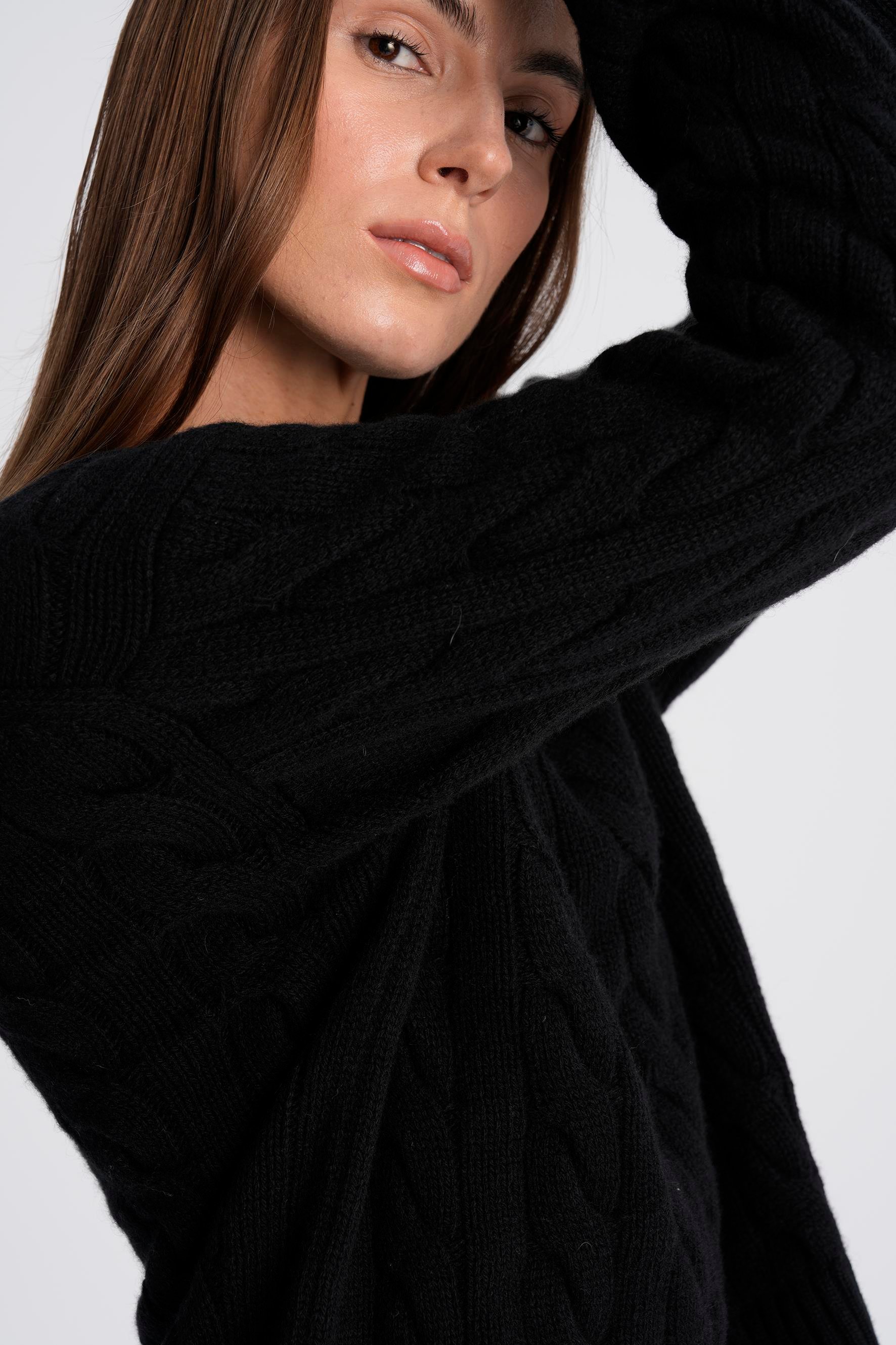 Siyah %100 Kaşmir Saç Örgülü Kazak